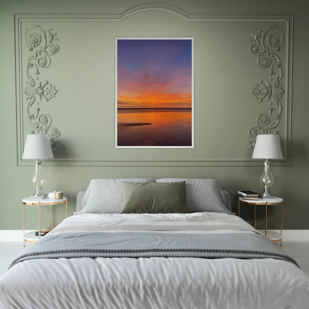 Vibrant California Sunset framed poster in a white premium wooden frame, studio edition print on high-quality paper.