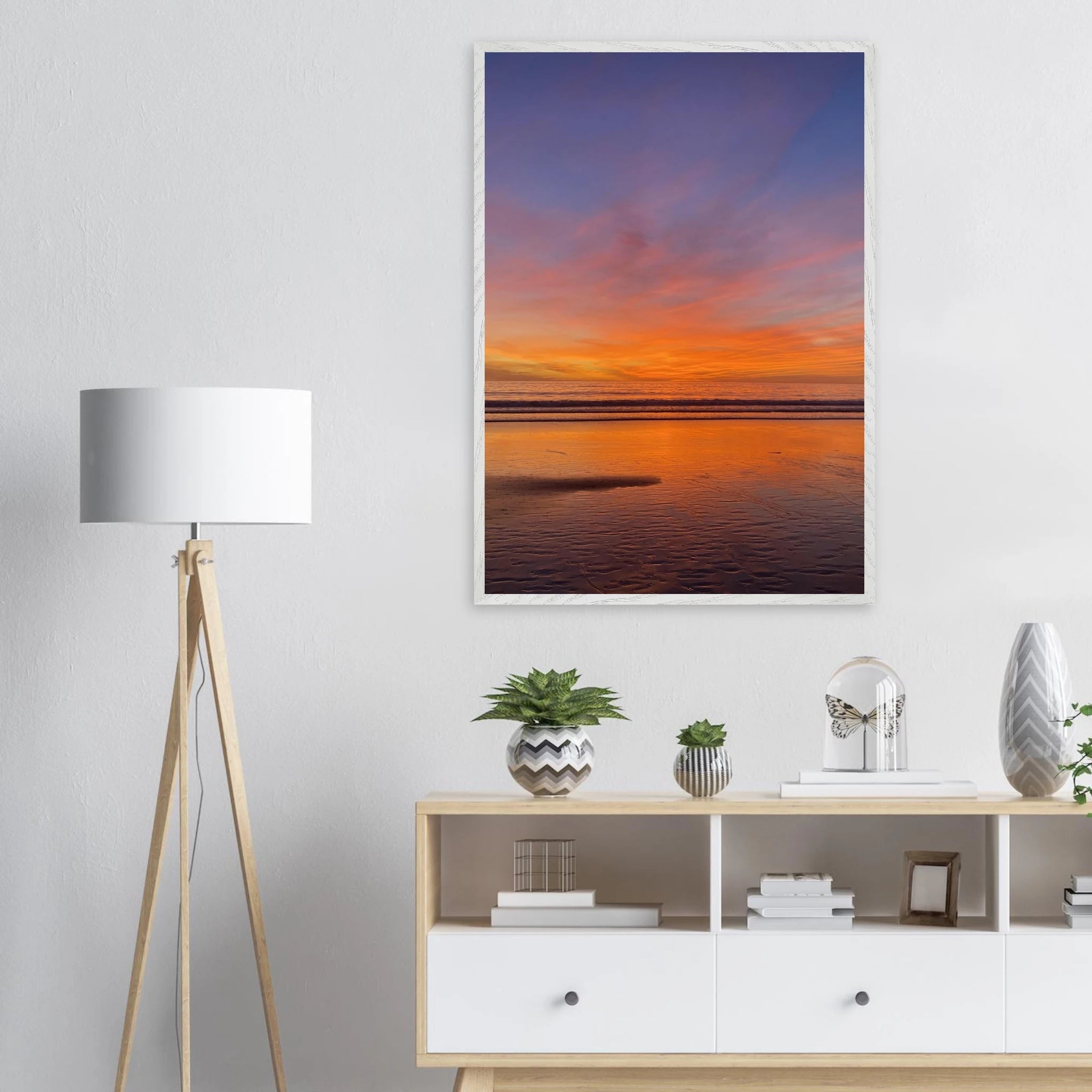 Vibrant California Sunset framed poster in a white wooden frame, featuring colorful California poster art, 15x20 cm print.