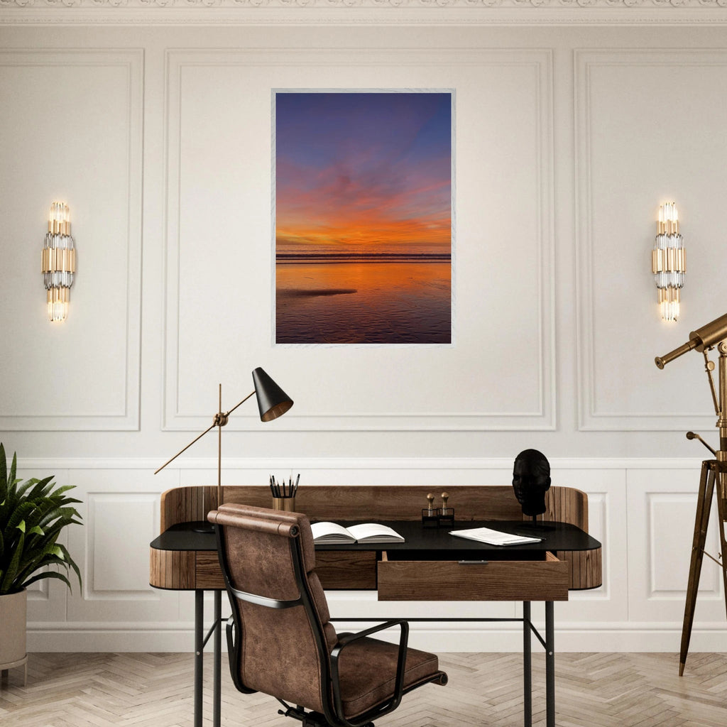 Vibrant California Sunset framed poster in a white wooden frame, studio edition print with colorful California poster art.