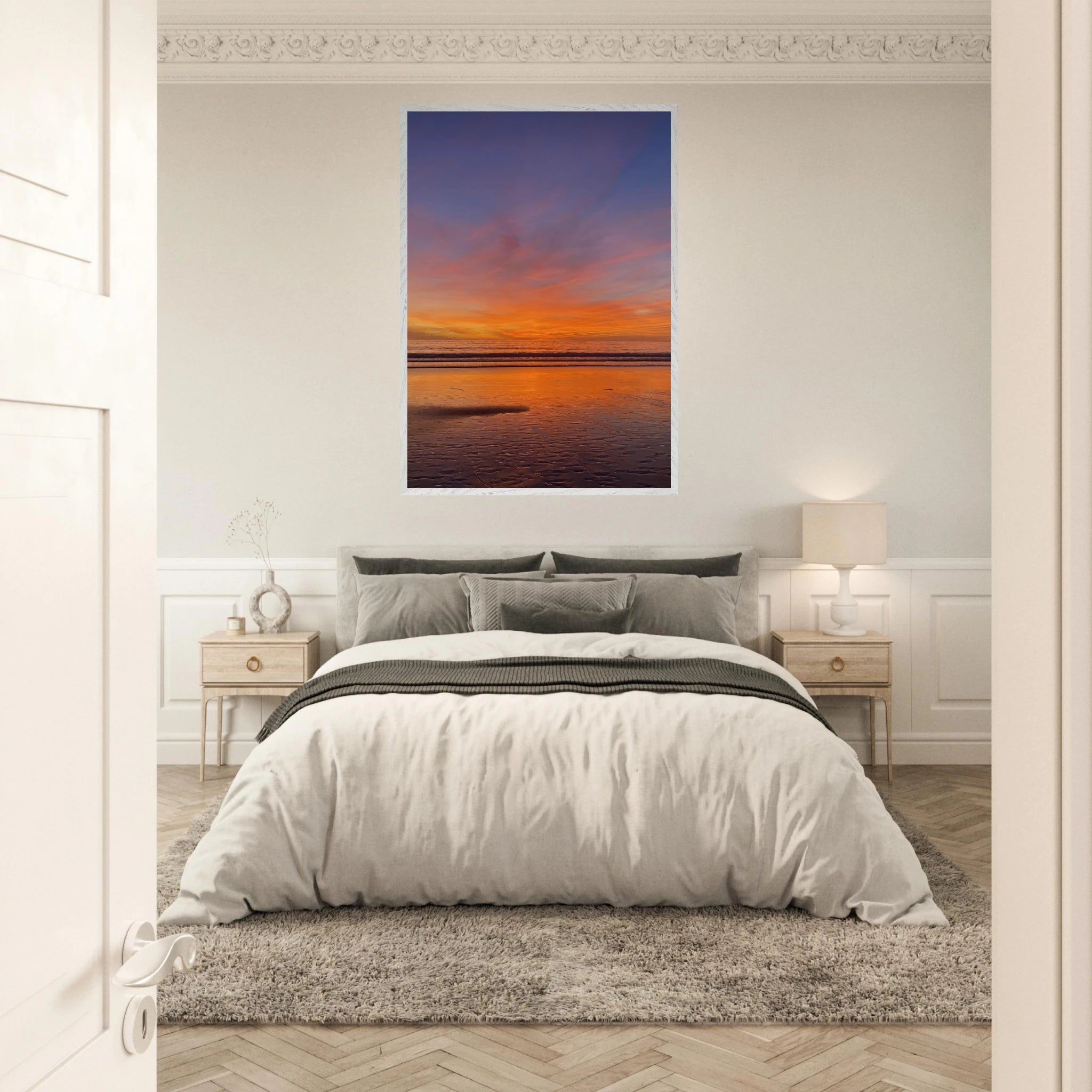 Vibrant California Sunset framed poster in a white wooden frame, featuring colorful California poster art on print material.
