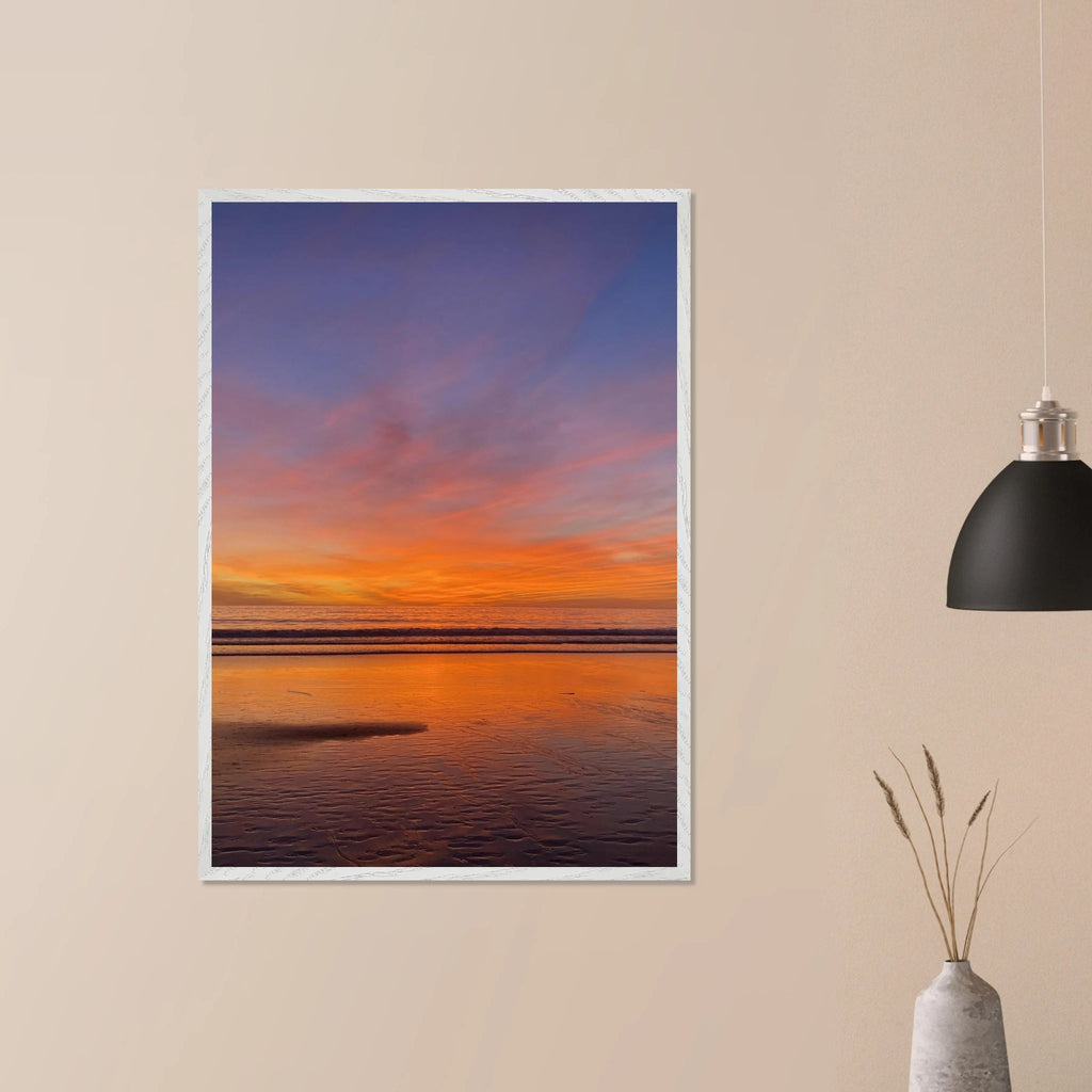 Vibrant California sunset framed poster in a white premium wooden frame, featuring colorful California poster art.