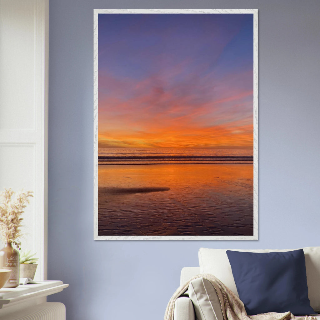 Vibrant California Sunset framed poster in a white premium wooden frame, featuring colorful California sunset artwork.