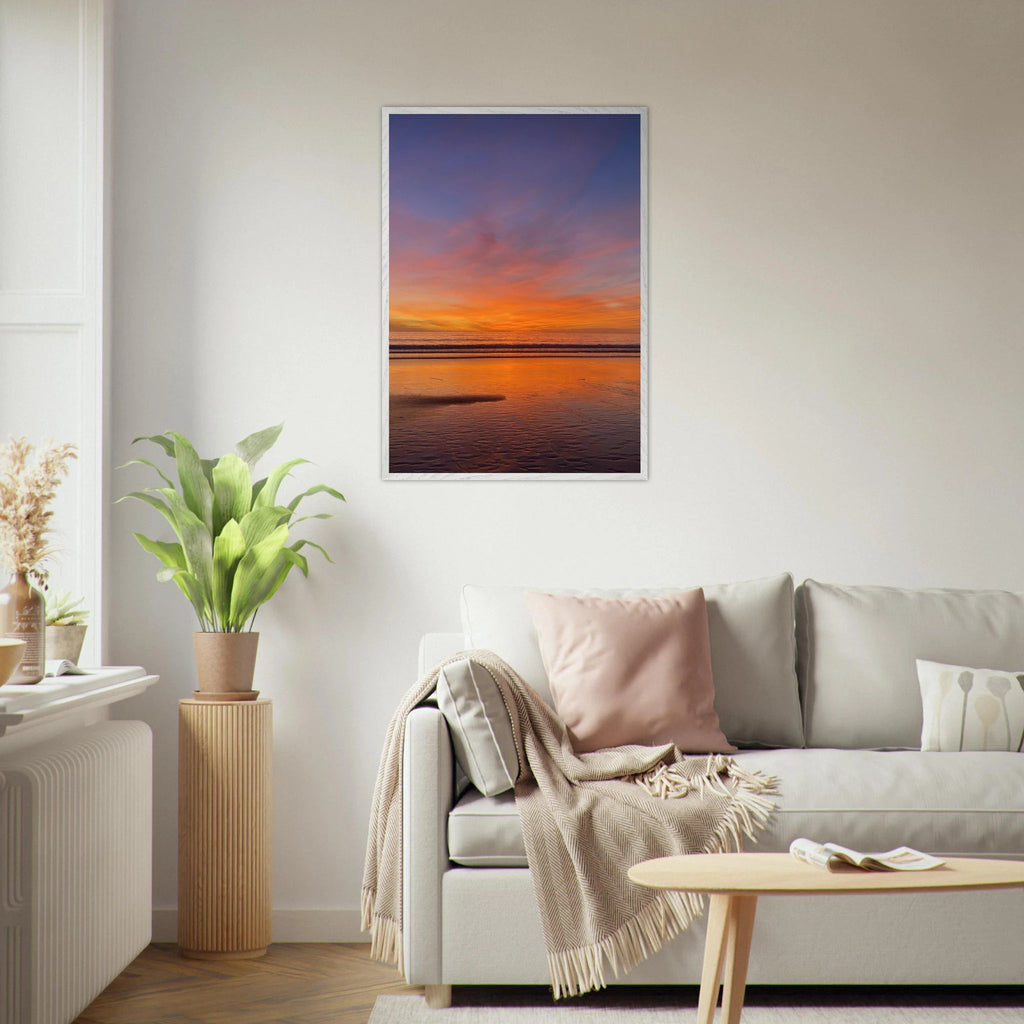 Vibrant California Sunset framed poster in a white premium wooden frame, 15x20 cm print, California poster art studio edition.