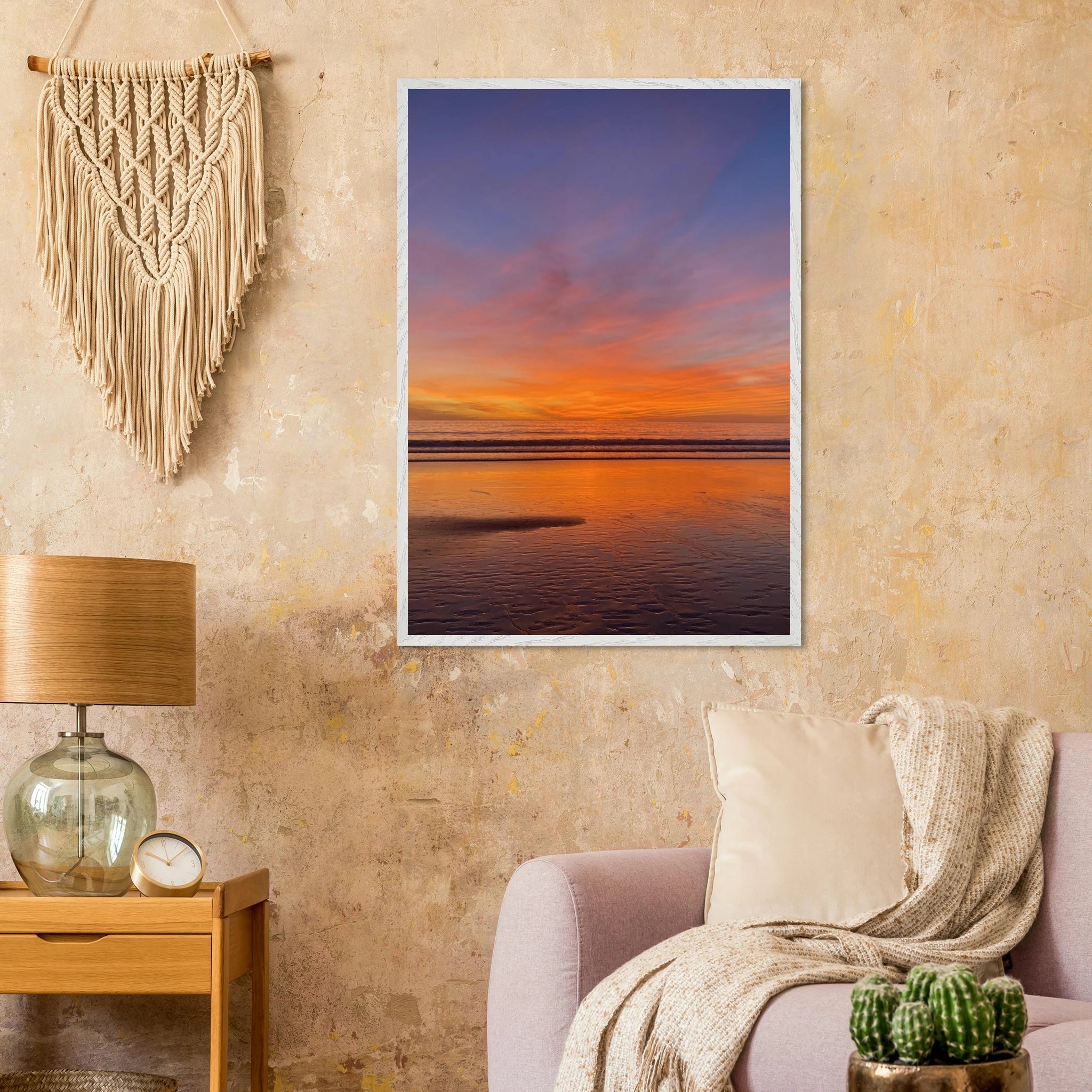Vibrant California Sunset framed poster in a white wooden frame, studio edition print on high-quality material.