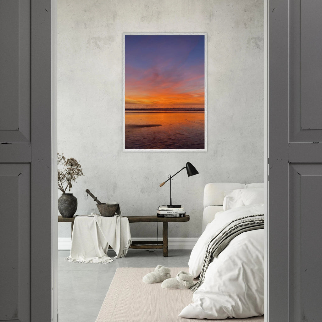 Vibrant California sunset framed poster in a white premium wooden frame, showcasing colorful California poster art.