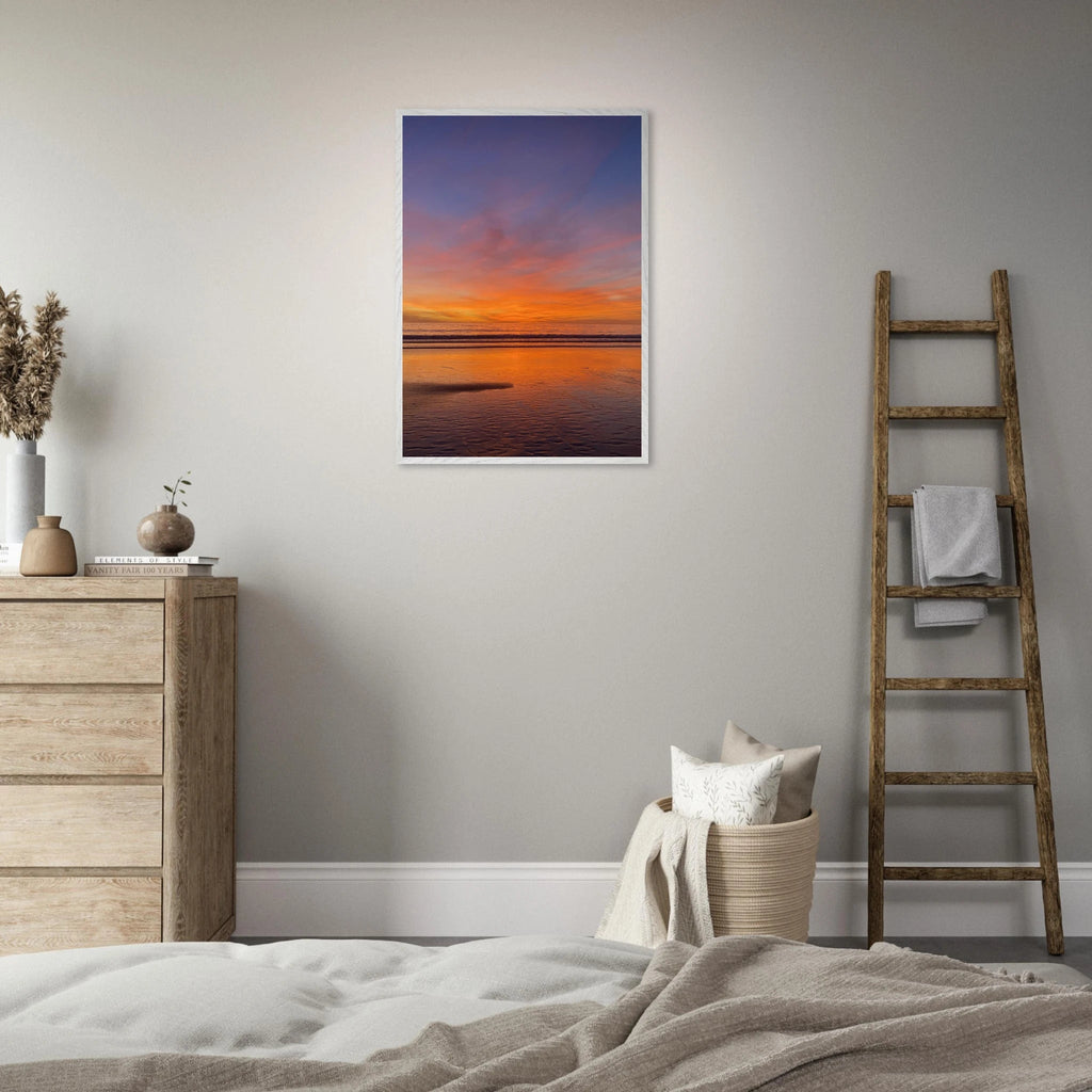 Vibrant California Sunset framed poster in a white wooden frame, 15x20 cm print, featuring colorful California sunset art.