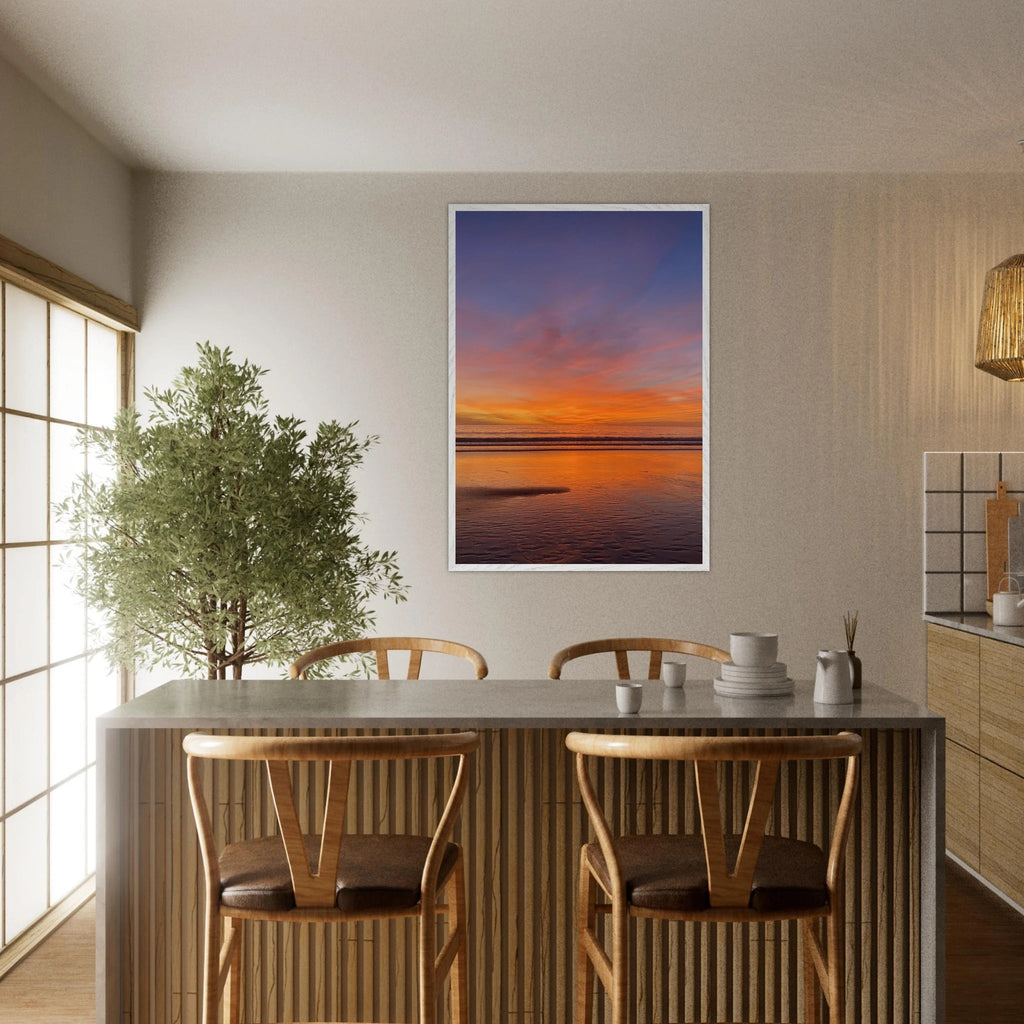 15x20 cm framed print of a vibrant California sunset poster in a white wooden frame, featuring colorful California sunset art.