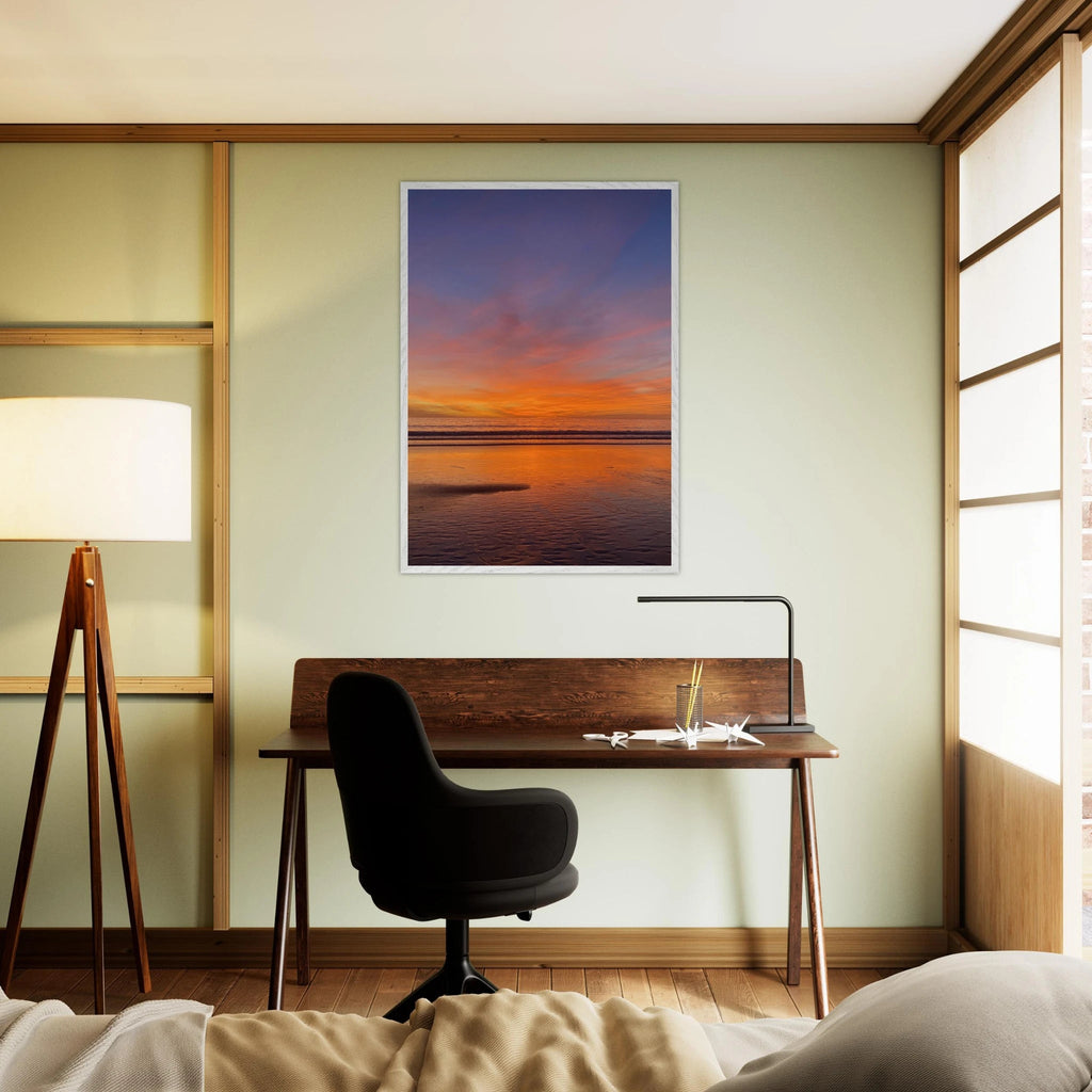 Vibrant California Sunset framed poster in a white wooden frame, studio edition print with colorful California poster art.