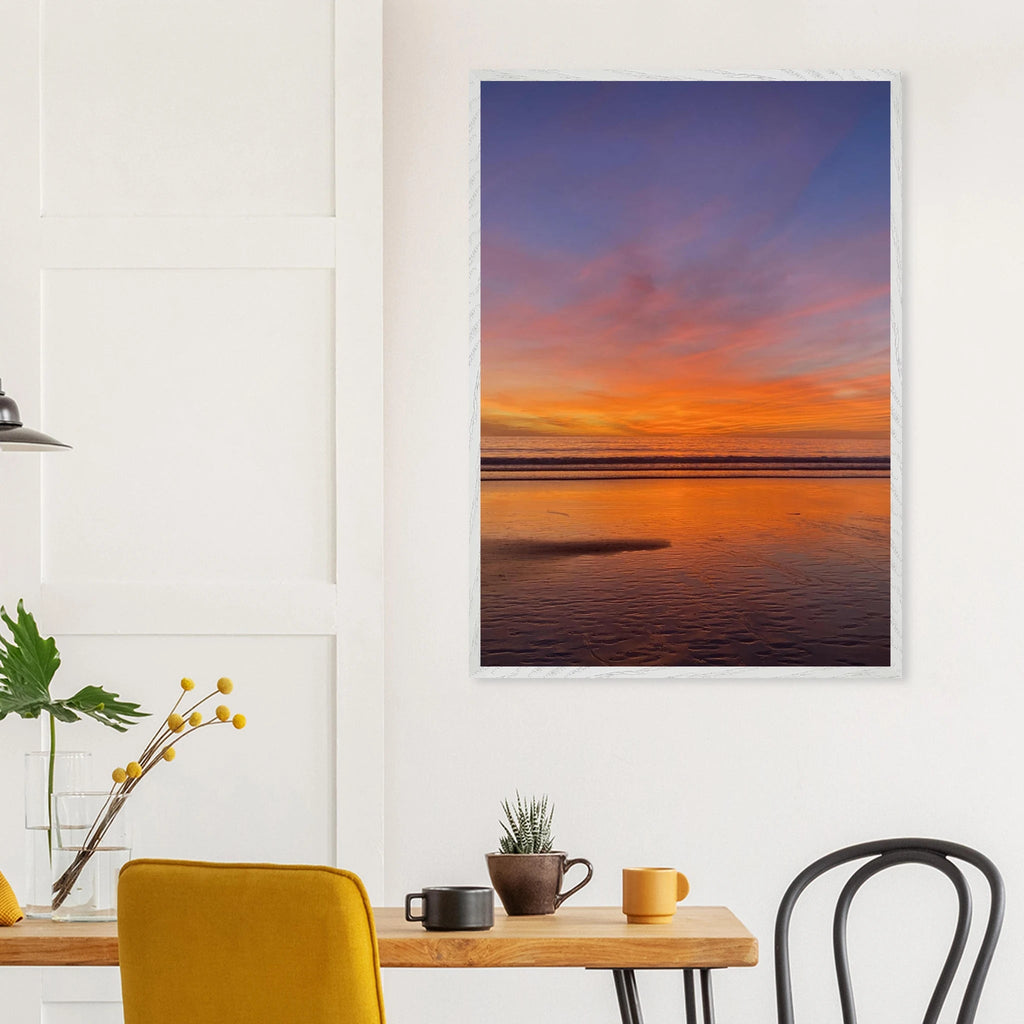 Vibrant California sunset framed poster in a white wooden frame, featuring colorful California poster art on high-quality print.