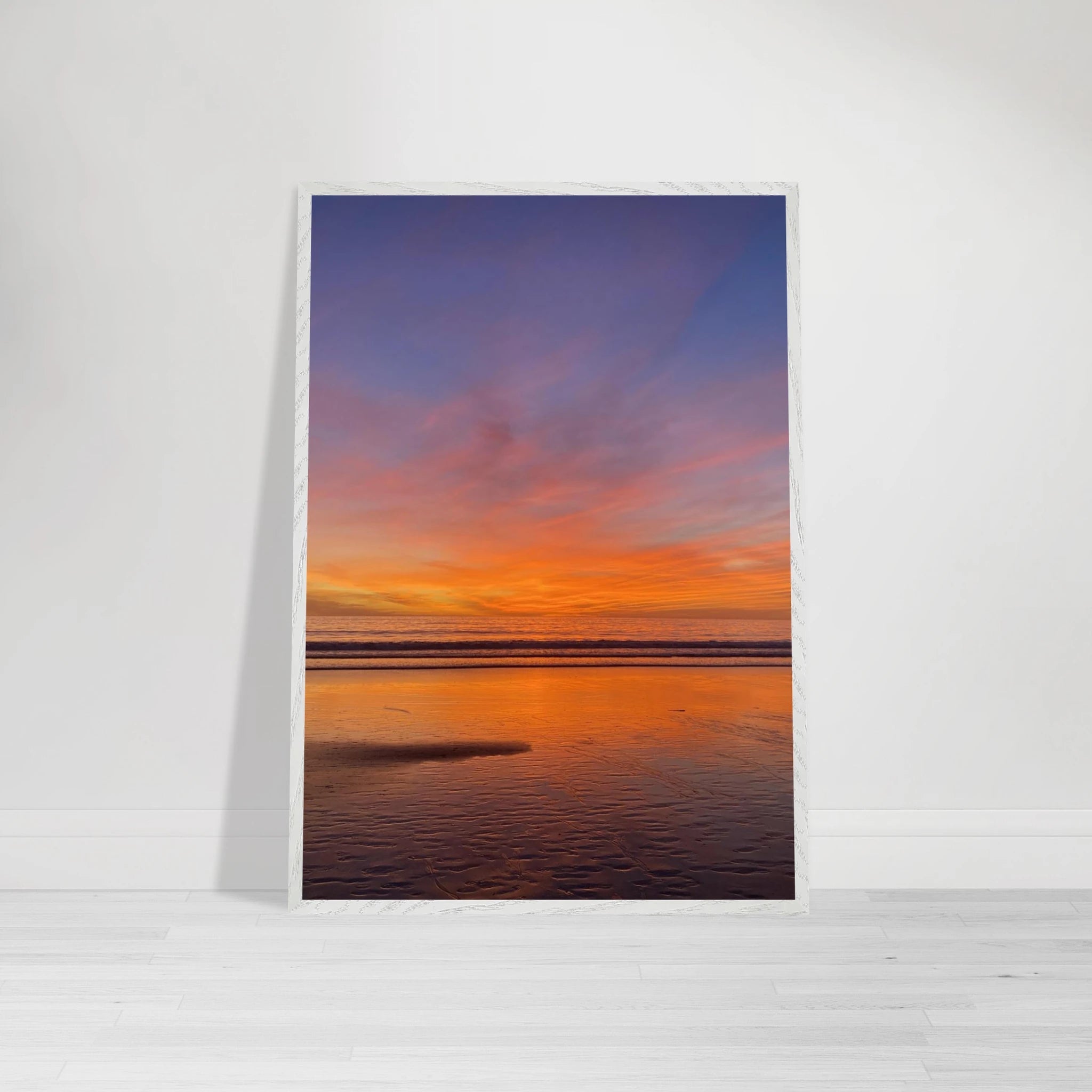 Vibrant California Sunset framed poster in a white premium wooden frame, 15x20 cm print, colorful California poster art.