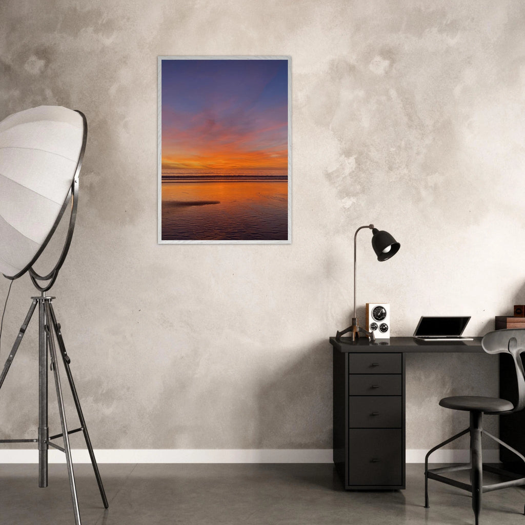 Vibrant California sunset framed poster in a white wooden frame, studio edition print on high-quality material.