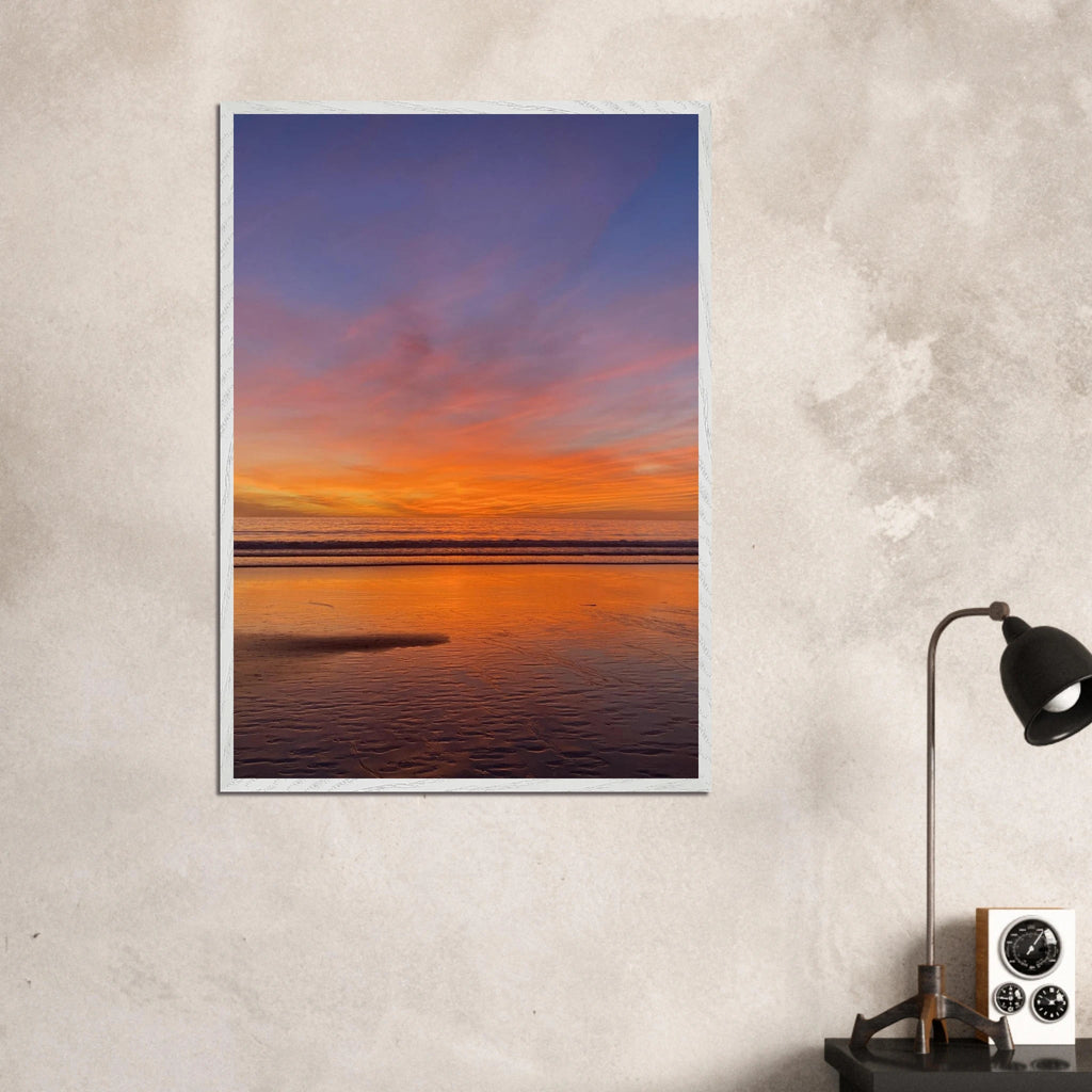 Vibrant California Sunset framed poster in a white wooden frame, featuring colorful California poster art on high-quality print material.