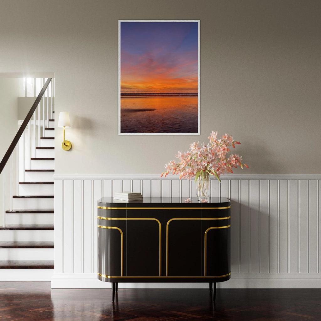 Vibrant California Sunset framed poster in a white wooden frame, featuring colorful California poster art on high-quality print material.