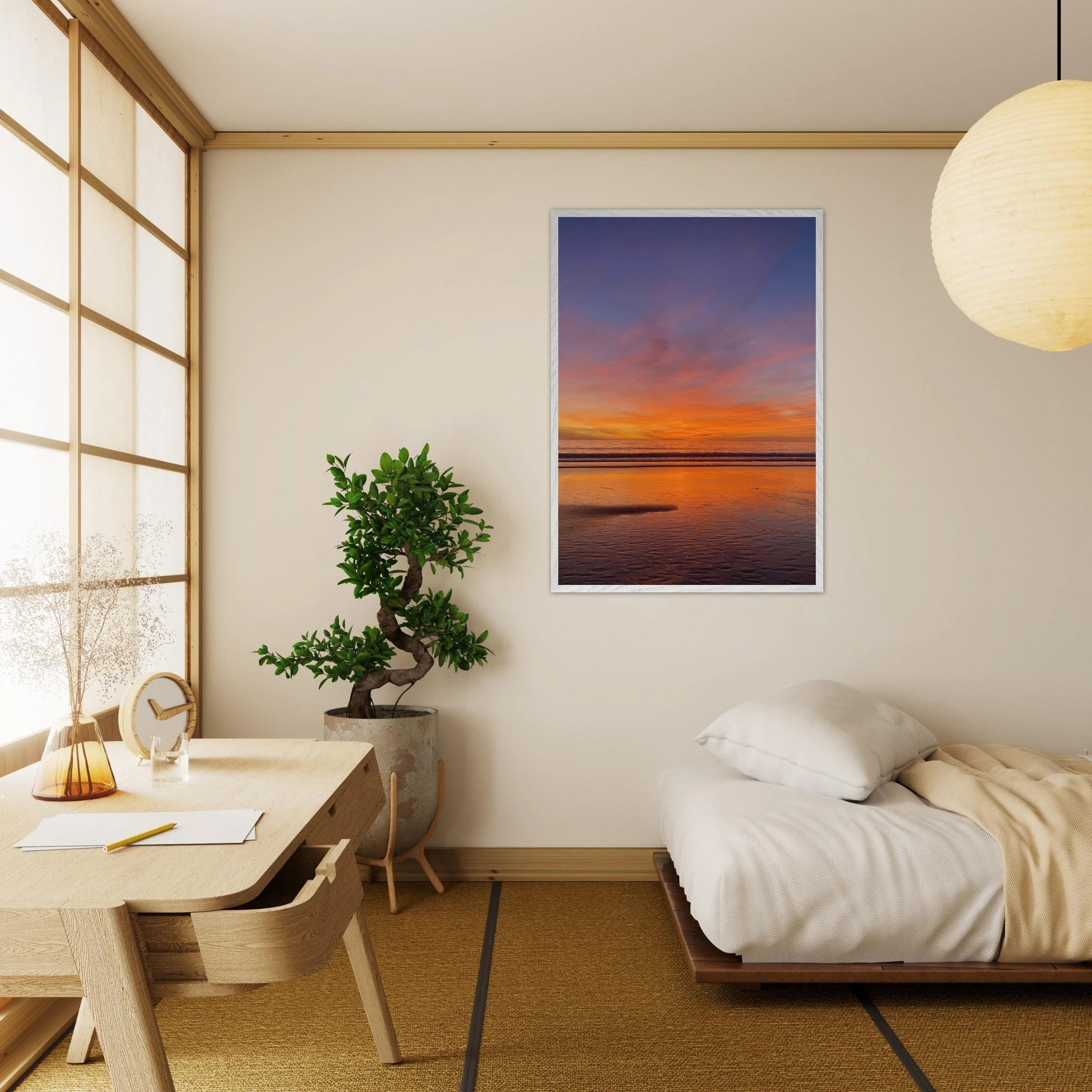 Vibrant California Sunset framed poster in a white wooden frame, featuring colorful California poster art on high-quality print material.