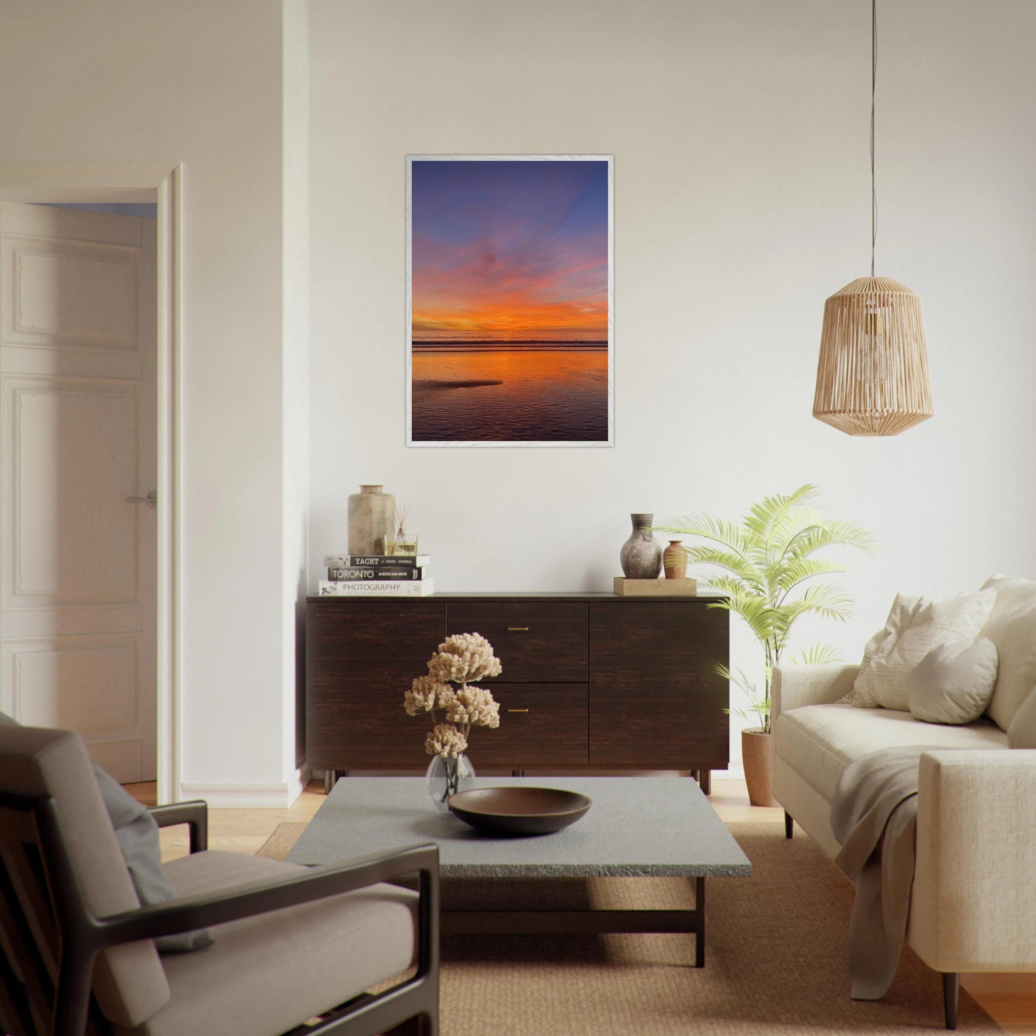Vibrant California Sunset framed poster in a white wooden frame, featuring colorful California poster art on print material.