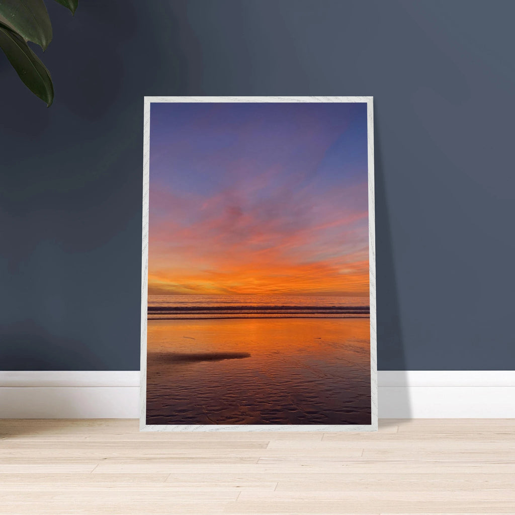 Vibrant California sunset framed poster in a white wooden frame, studio edition print, 15x20 cm, colorful California art display