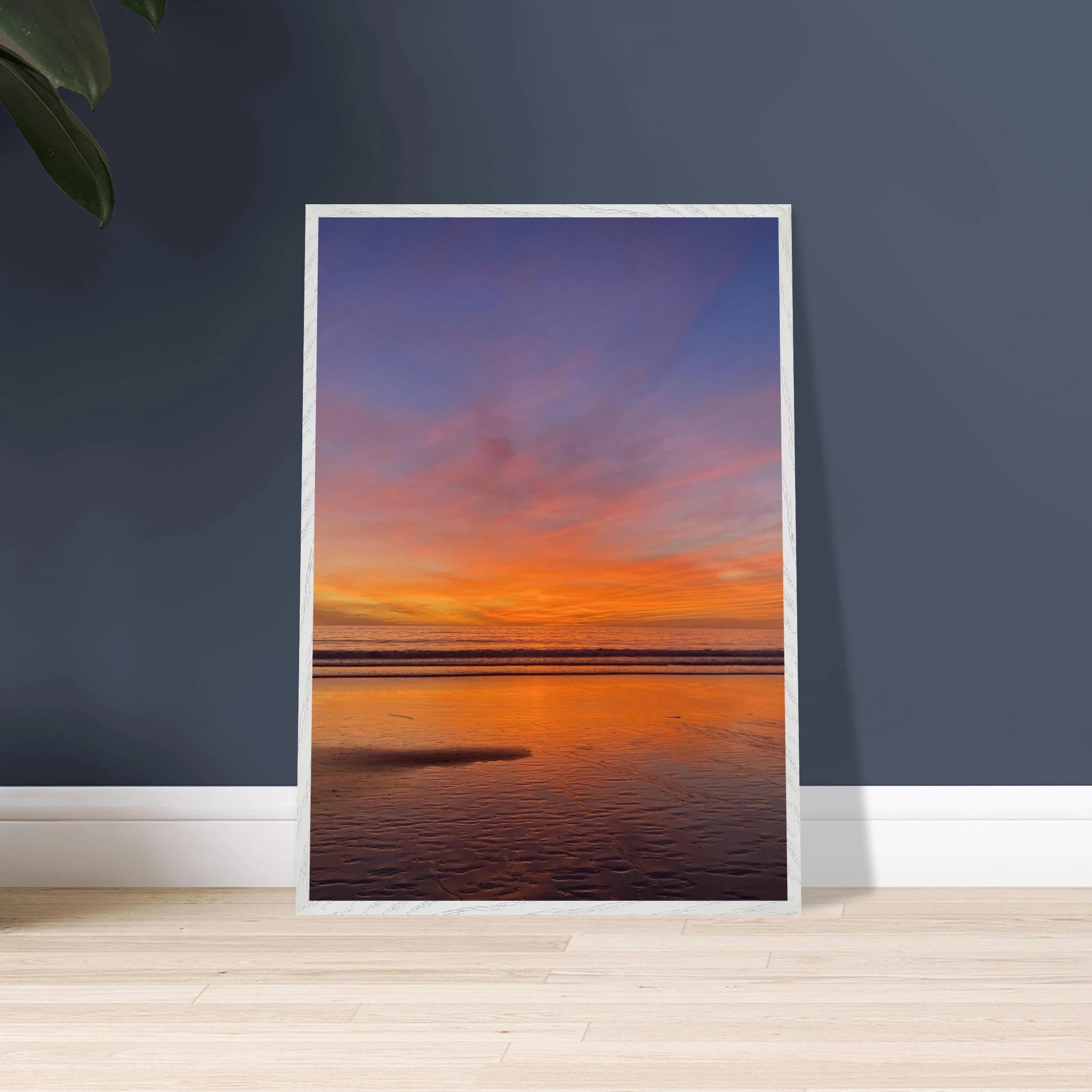 Vibrant California sunset framed poster in a white wooden frame, studio edition print, 15x20 cm, colorful California art display