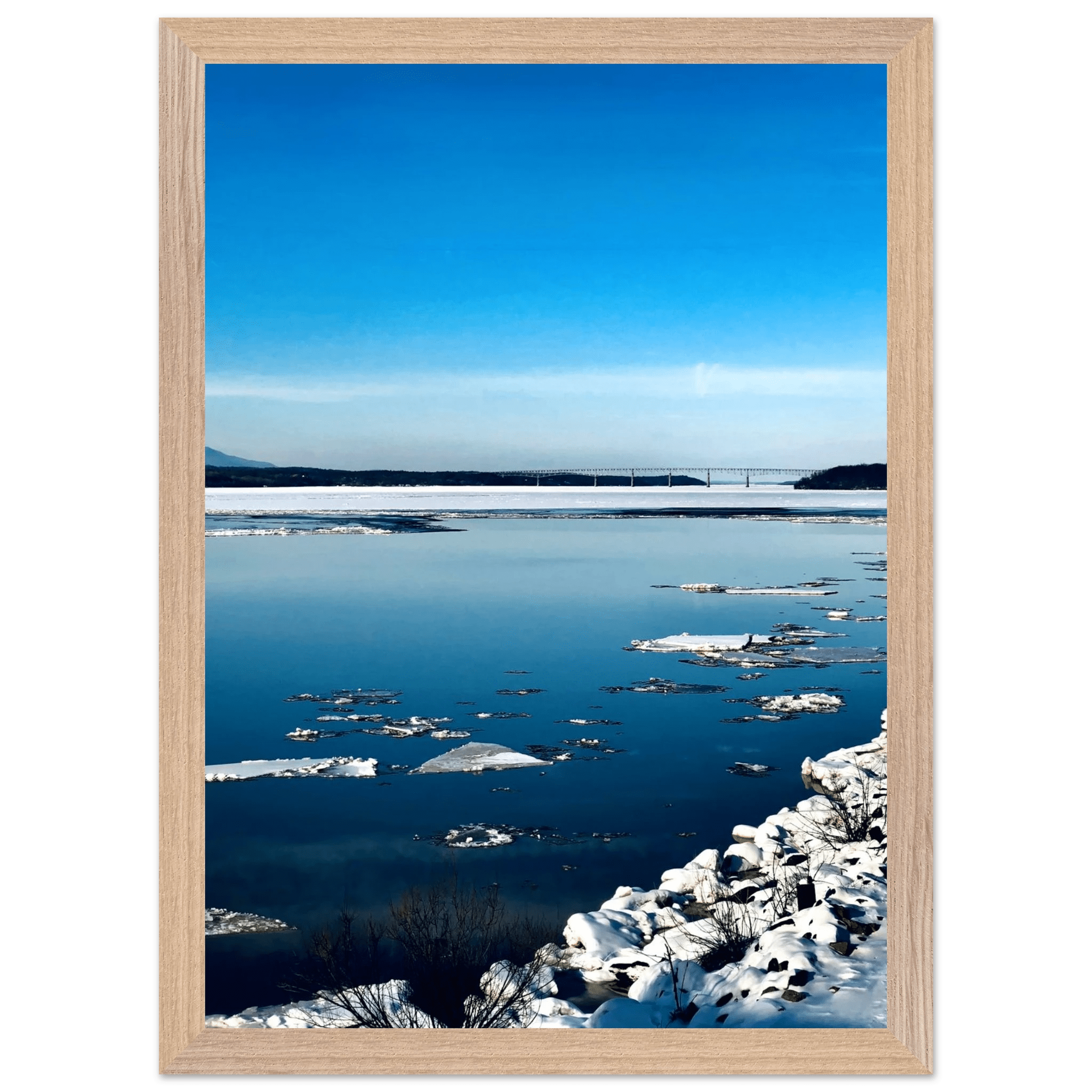 Wooden-framed Hudson Valley Winter poster with snowy landscape, part of Studio Edition Holiday 25 travel collection, printed on premium material.