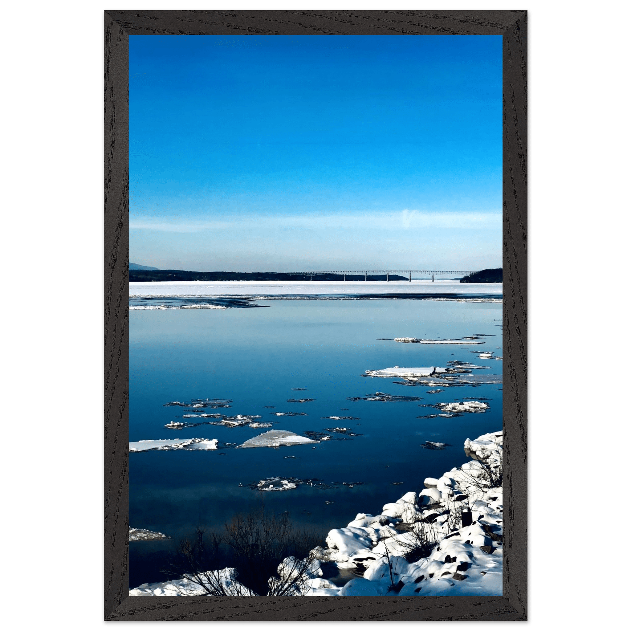 Wooden framed Hudson Valley Winter poster featuring snowy landscape, part of the Travel Collection Studio Edition.