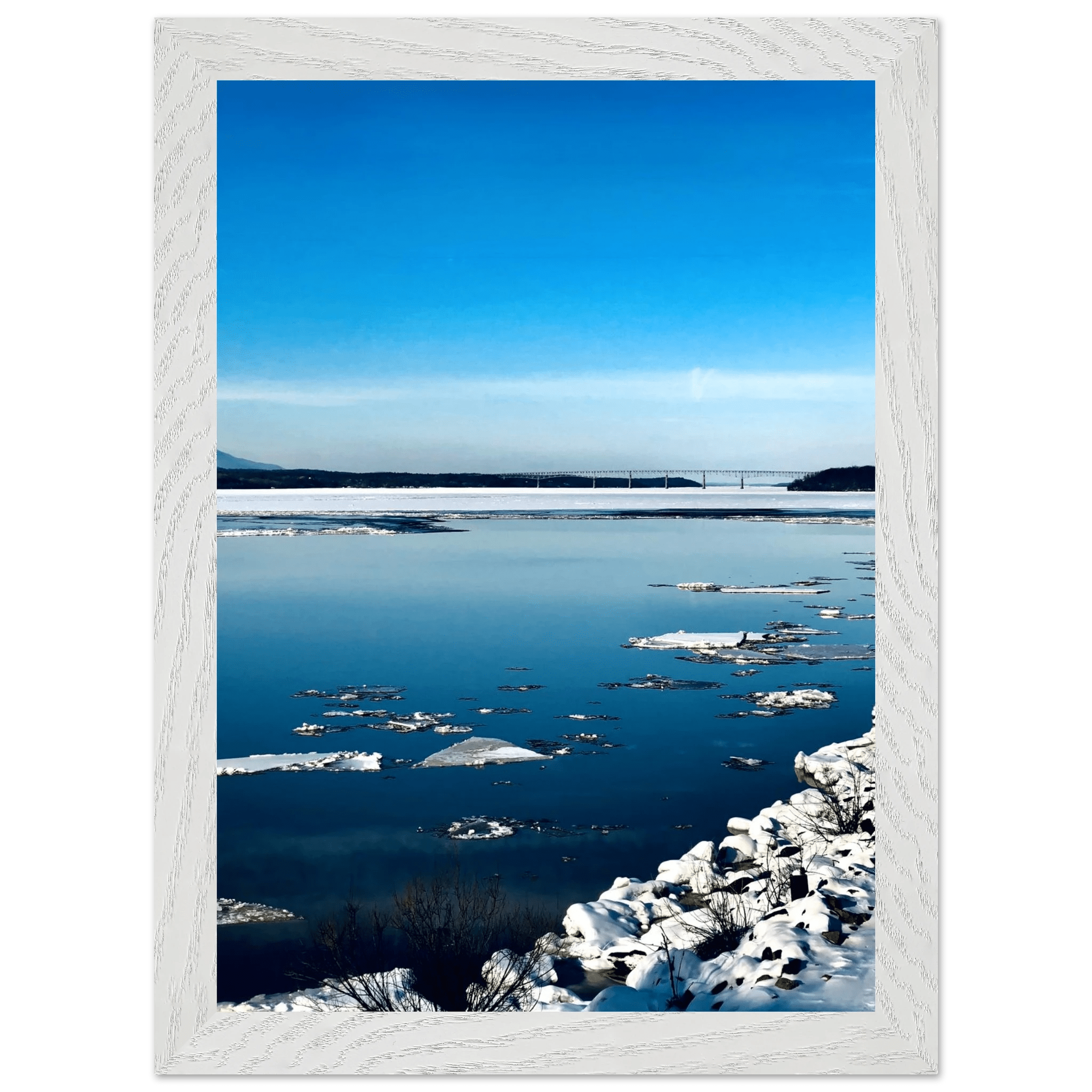 Wooden framed Hudson Valley winter poster with snowy landscape, part of the Travel Collection Studio Edition, holiday-themed print.