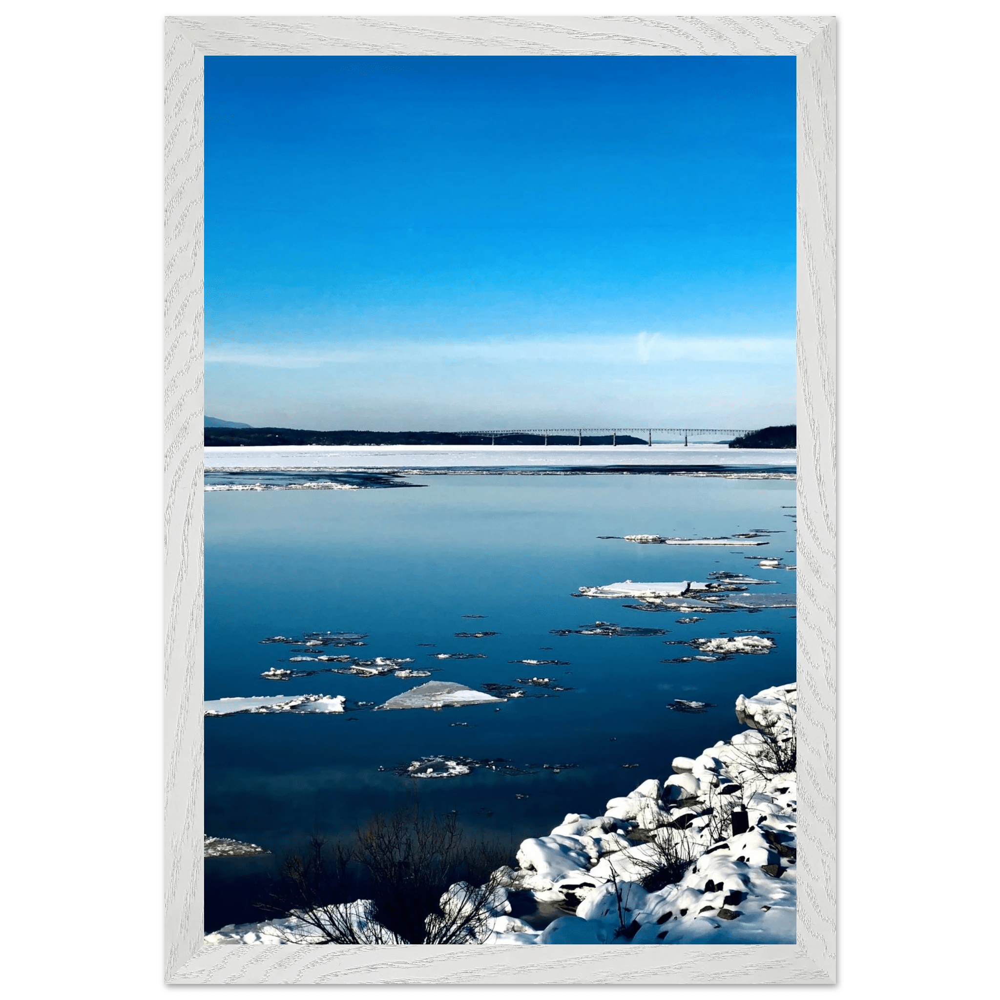 Wooden framed Hudson Valley winter poster featuring snowy landscape, part of the Studio Edition Travel Collection, Holiday 25.