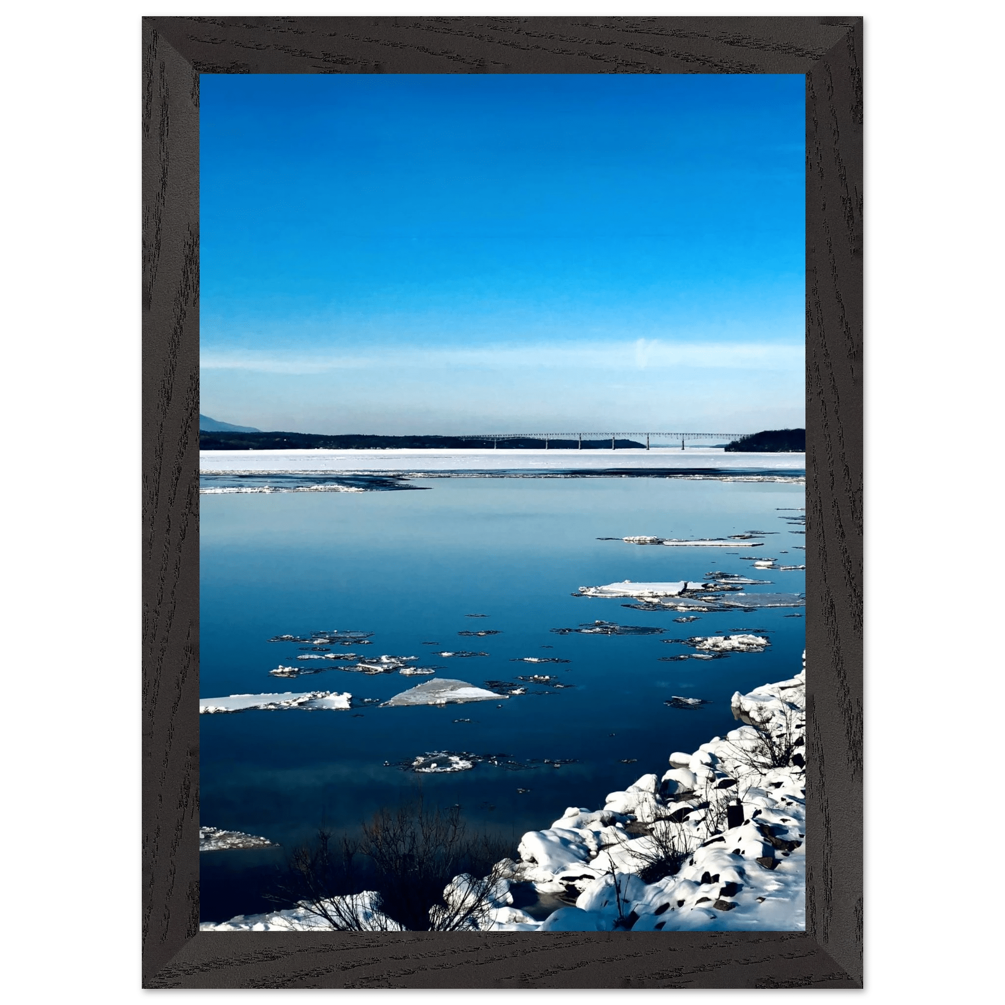 Wooden framed Hudson Valley winter poster with snowy landscape, part of the Travel Collection Studio Edition, holiday-themed print.