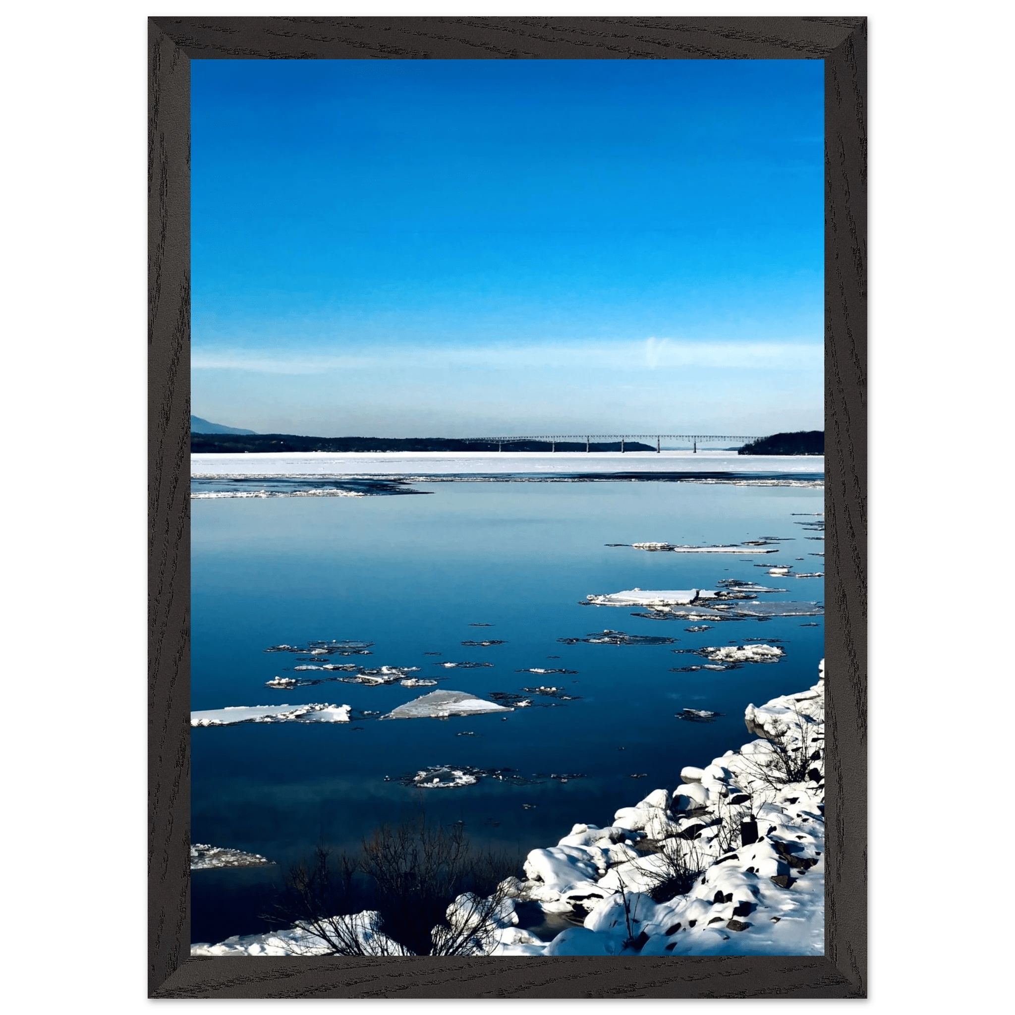 Wooden framed Hudson Valley winter poster with snowy landscape, part of the Travel Collection studio edition, holiday-themed print.