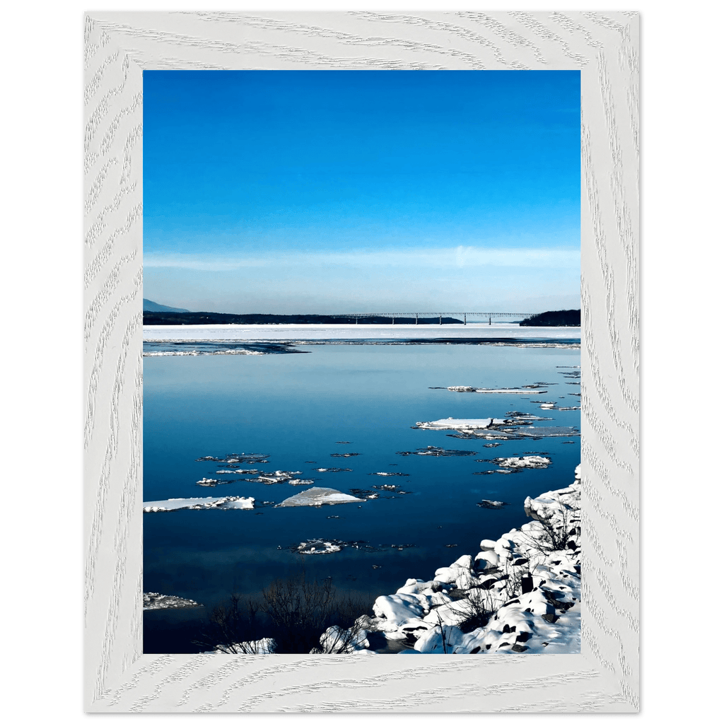 Wooden framed Hudson Valley Winter poster with snowy landscape, part of the Travel Collection Studio Edition, holiday-themed print.