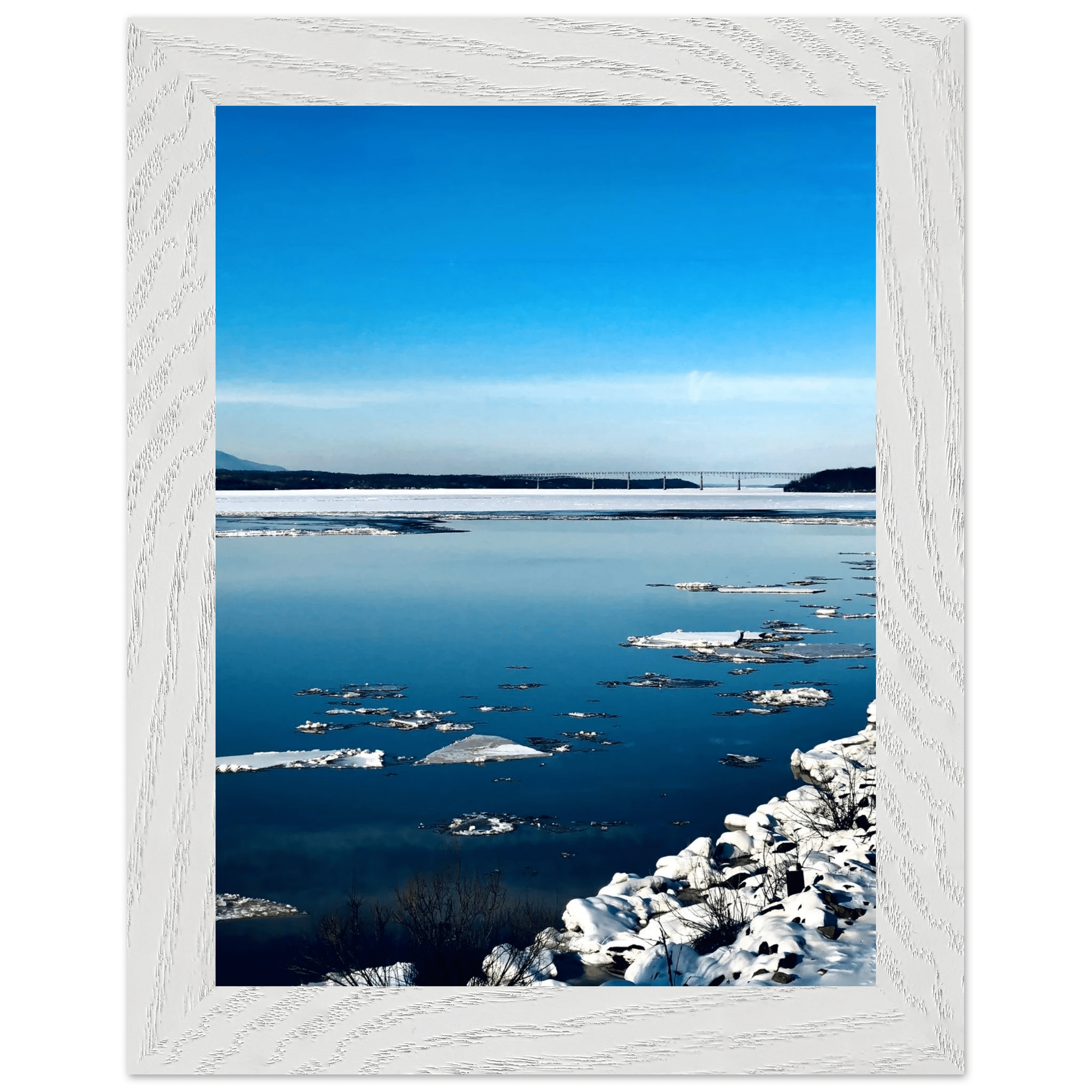 Wooden framed Hudson Valley Winter poster with snowy landscape, part of the Travel Collection Studio Edition, holiday-themed print.