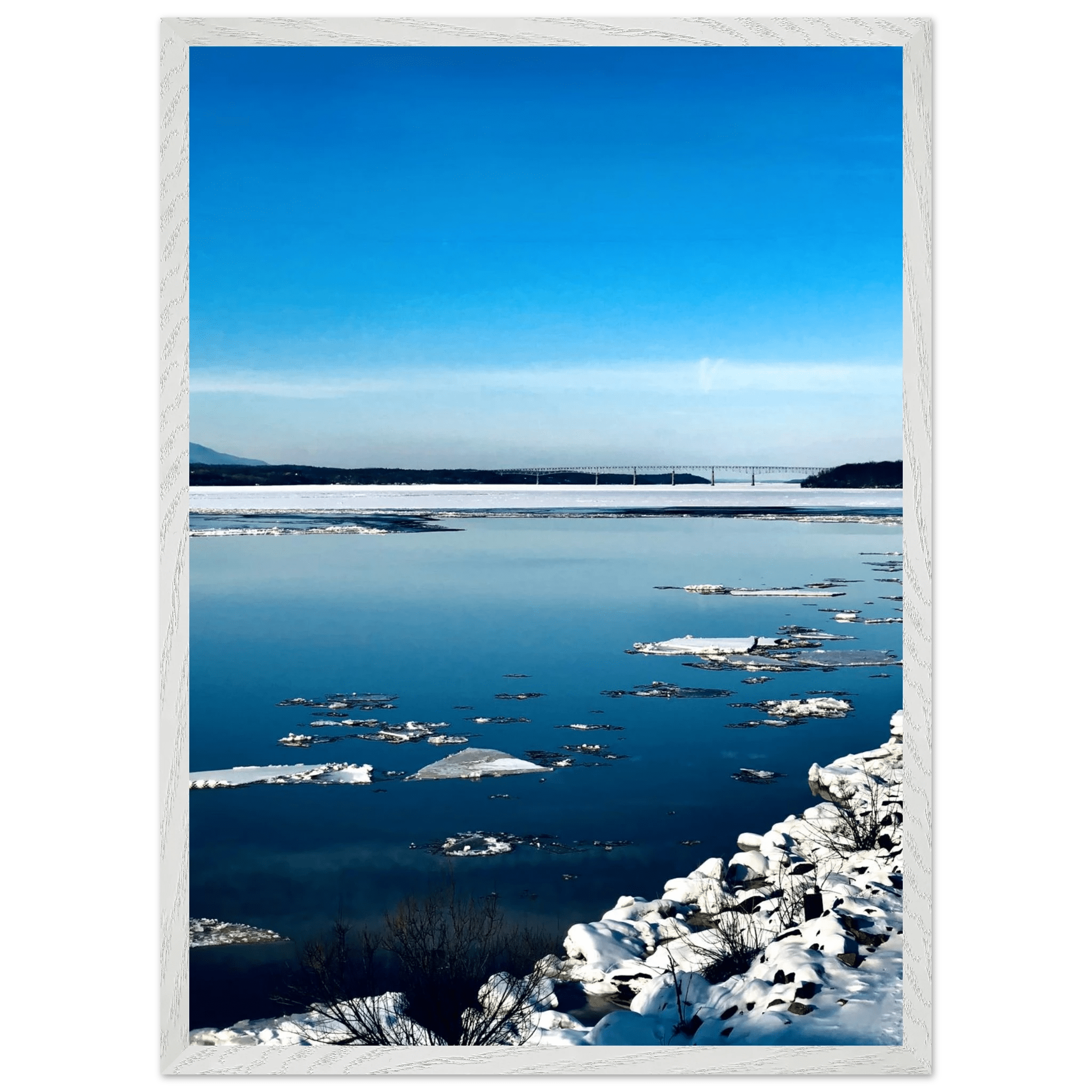 Premium wooden framed Hudson Valley winter poster with snowy landscape, part of the Travel Collection Studio Edition.