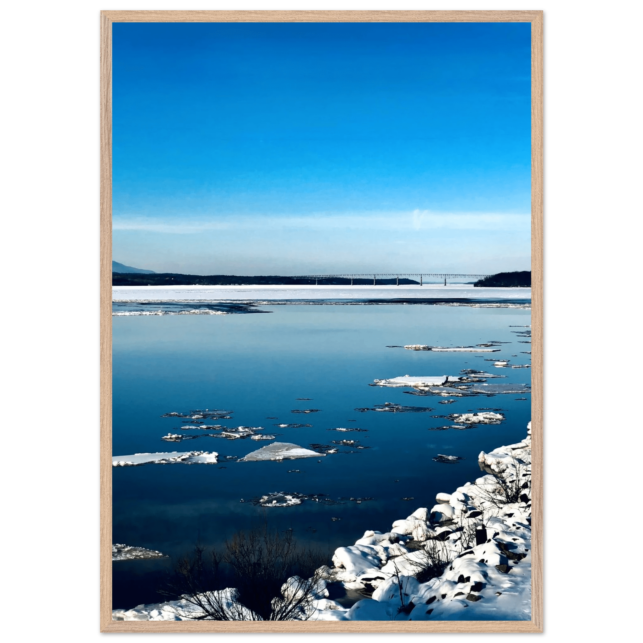 Wooden framed Hudson Valley winter poster featuring snowy landscape, part of Studio Edition Travel Collection, holiday-themed print.