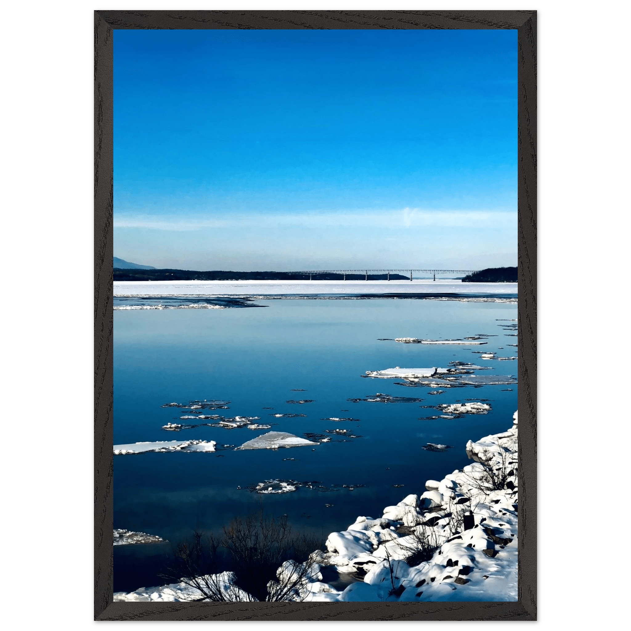 Wooden framed Hudson Valley winter poster featuring snowy landscape, part of the Studio Edition travel collection.
