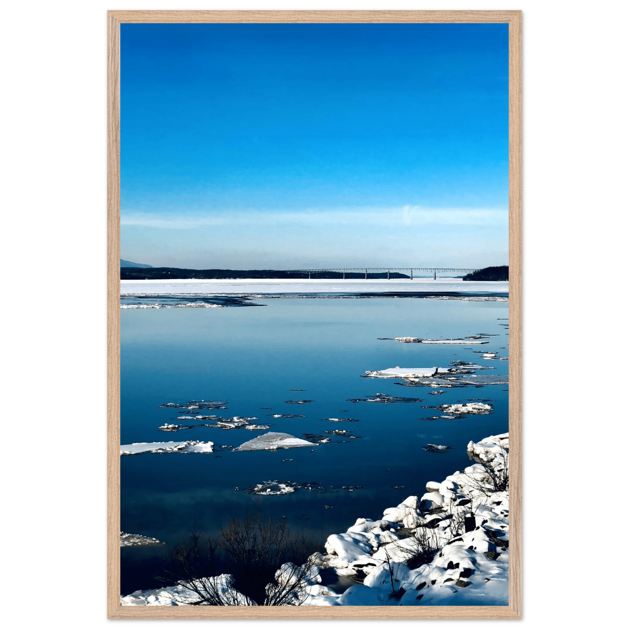 Wooden-framed Hudson Valley Winter poster featuring snowy landscape, part of the Studio Edition holiday travel collection.