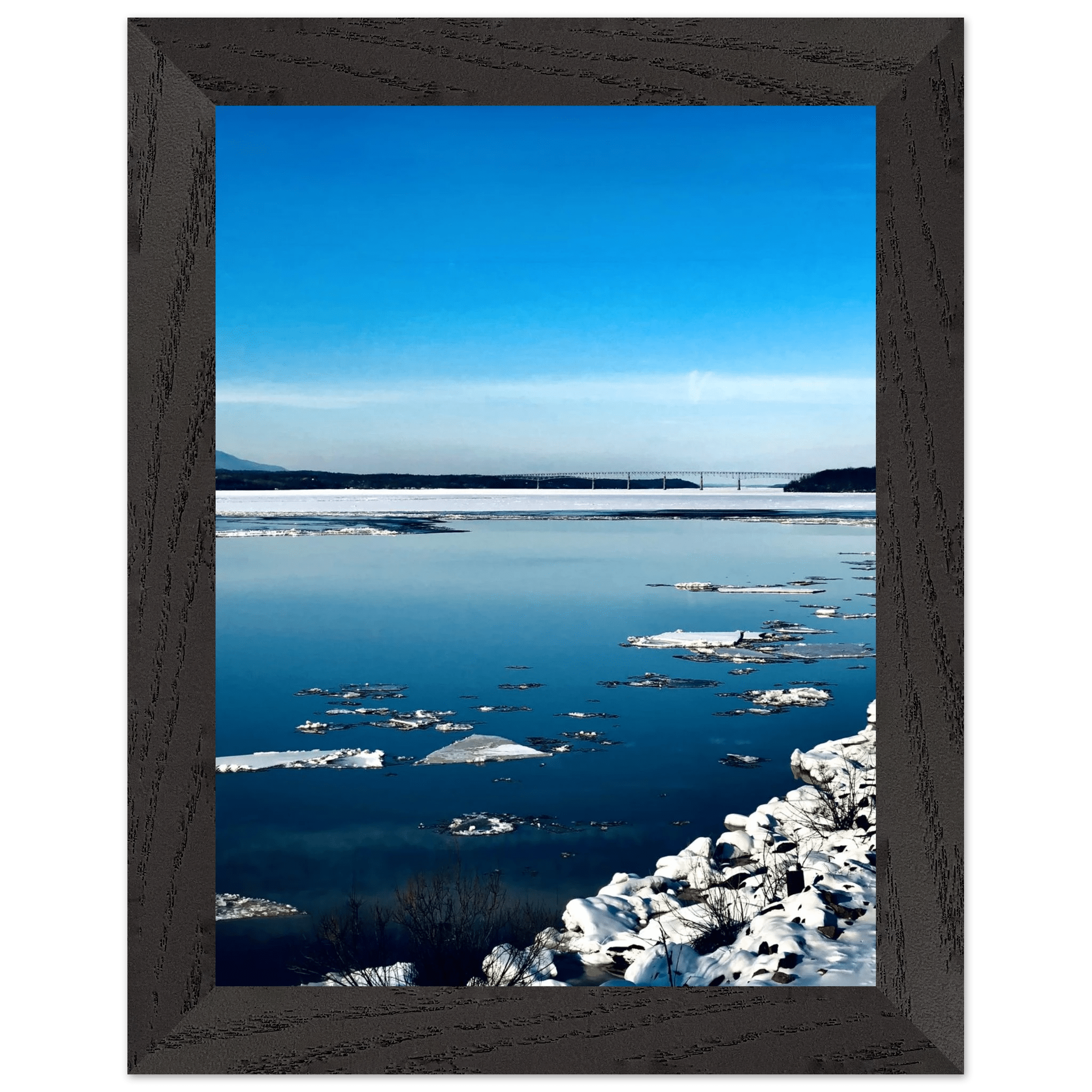 Wooden framed Hudson Valley winter poster with snowy landscape, part of the Travel Collection Studio Edition, holiday-themed print.
