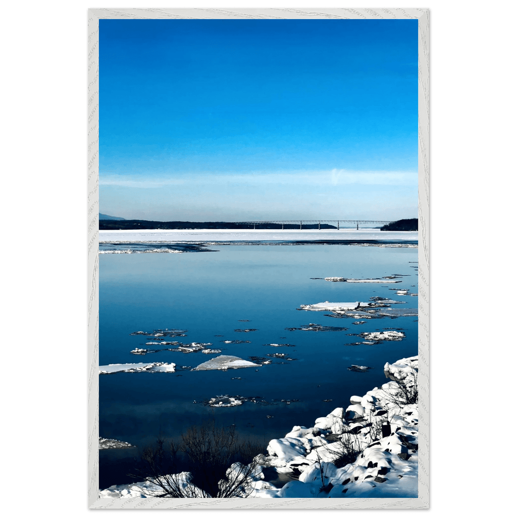 Wooden framed Hudson Valley winter poster with snowy scenery, part of the Studio Edition Holiday 25 travel collection.