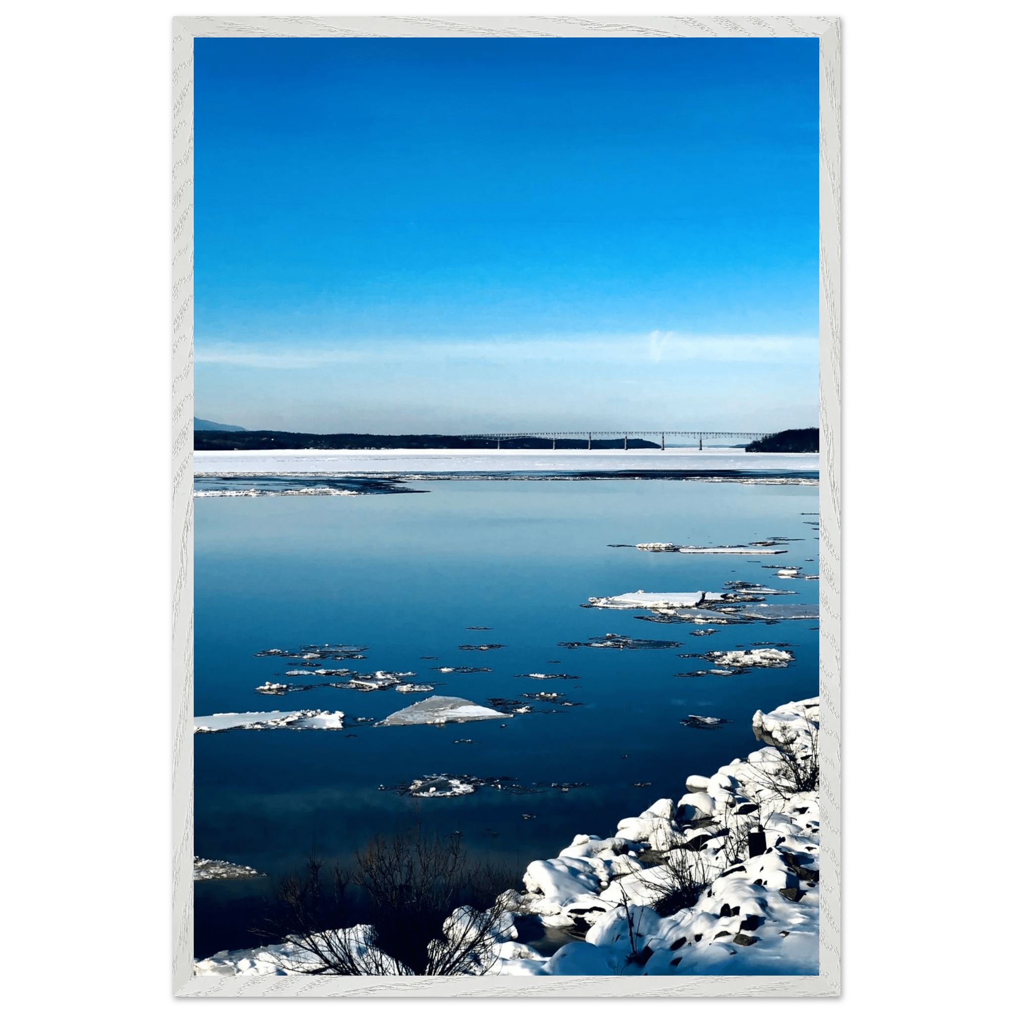 Wooden framed Hudson Valley winter poster with snowy scenery, part of the Studio Edition Holiday 25 travel collection.