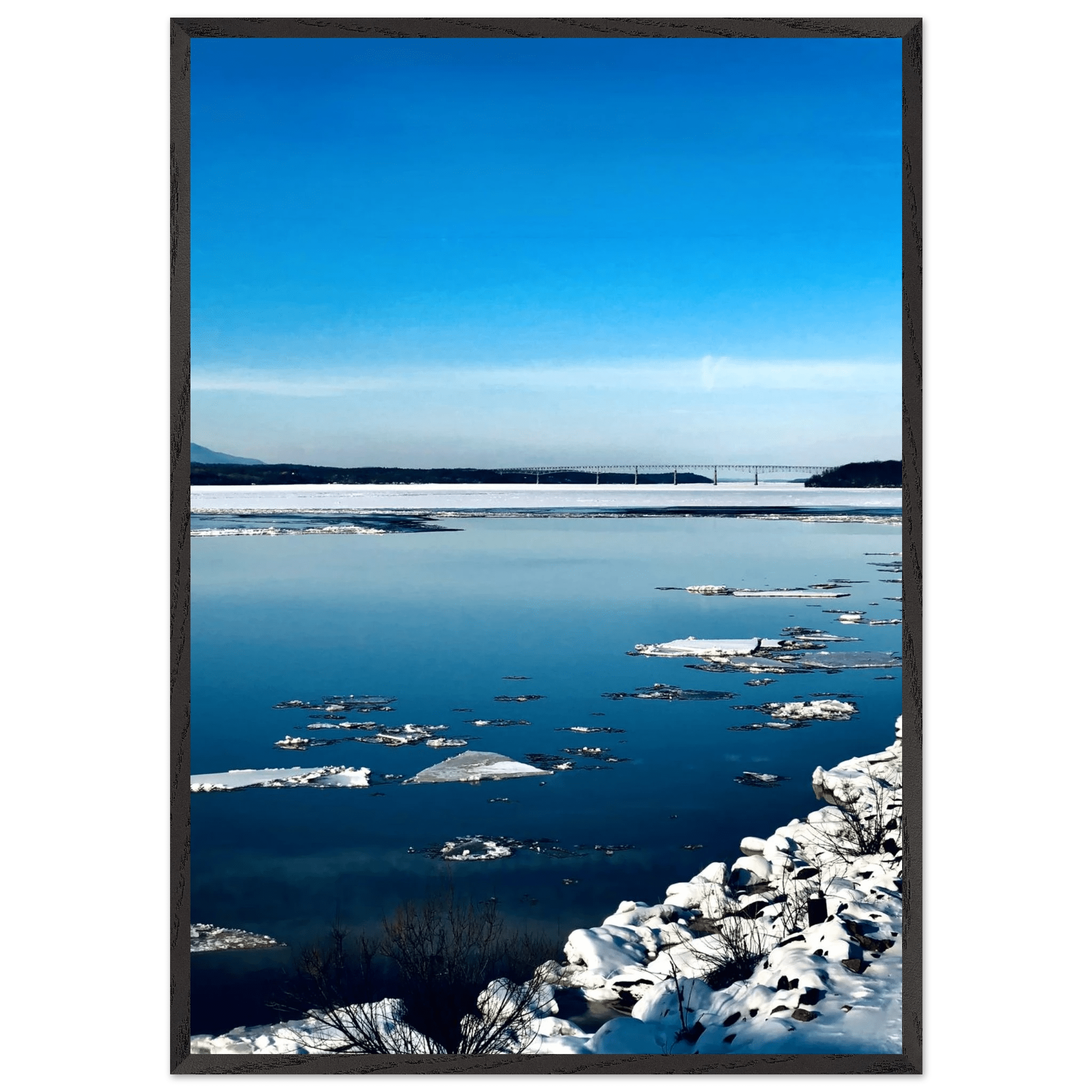 Wooden framed Hudson Valley Winter poster featuring snowy landscape, part of Studio Edition Holiday 25 travel collection.