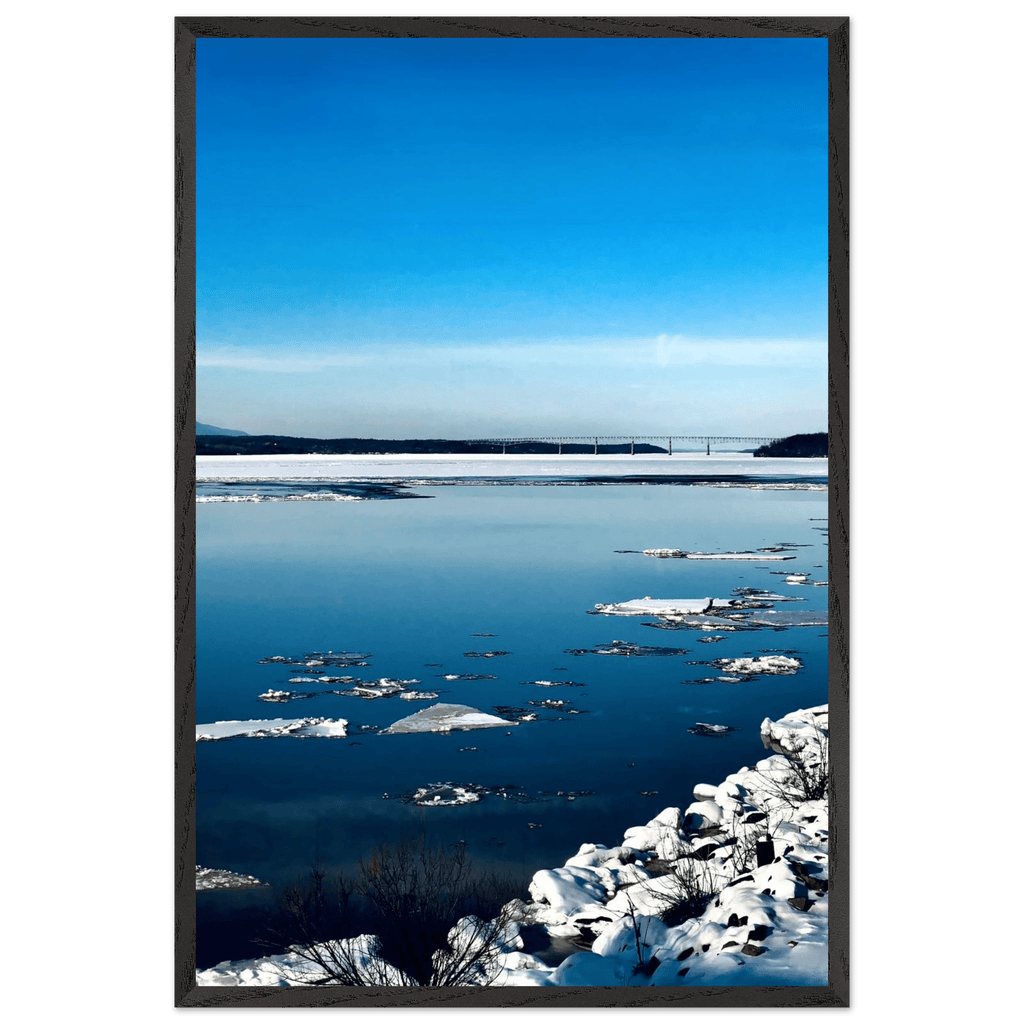 Wooden framed Hudson Valley winter poster with snowy scenery, part of the Studio Edition travel collection.