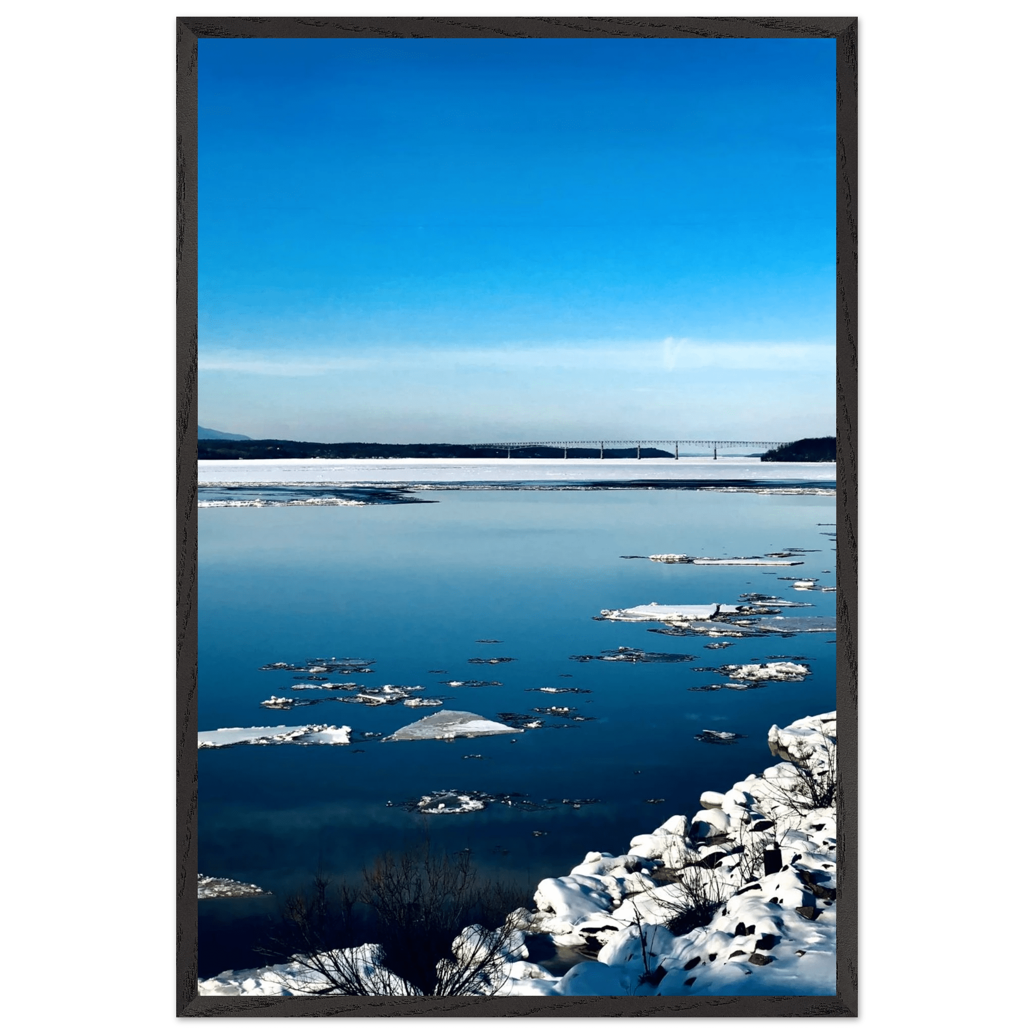 Wooden framed Hudson Valley winter poster with snowy scenery, part of the Studio Edition travel collection.