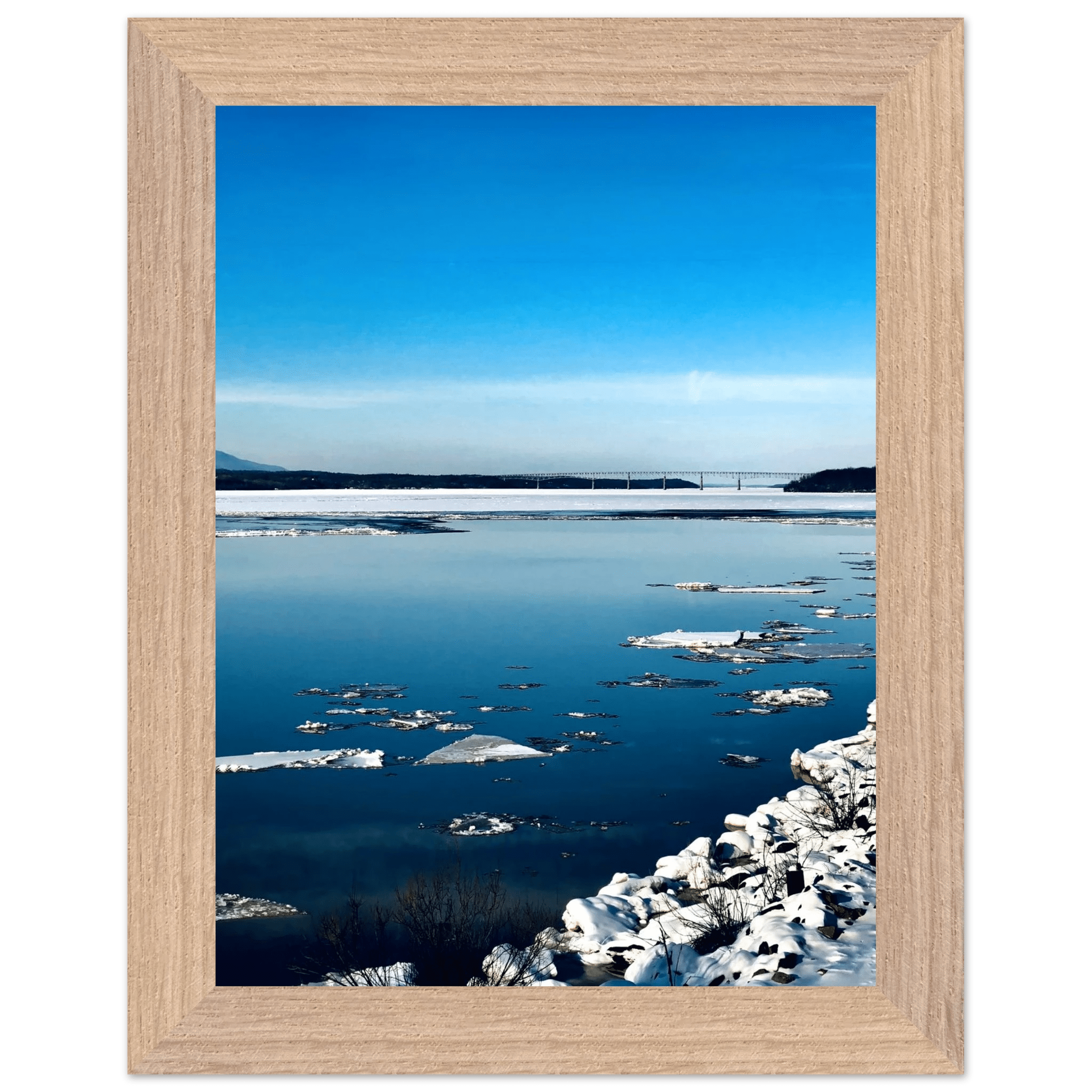 Wooden framed Hudson Valley winter poster with snowy landscape, part of the Travel Collection Studio Edition, holiday-themed print.