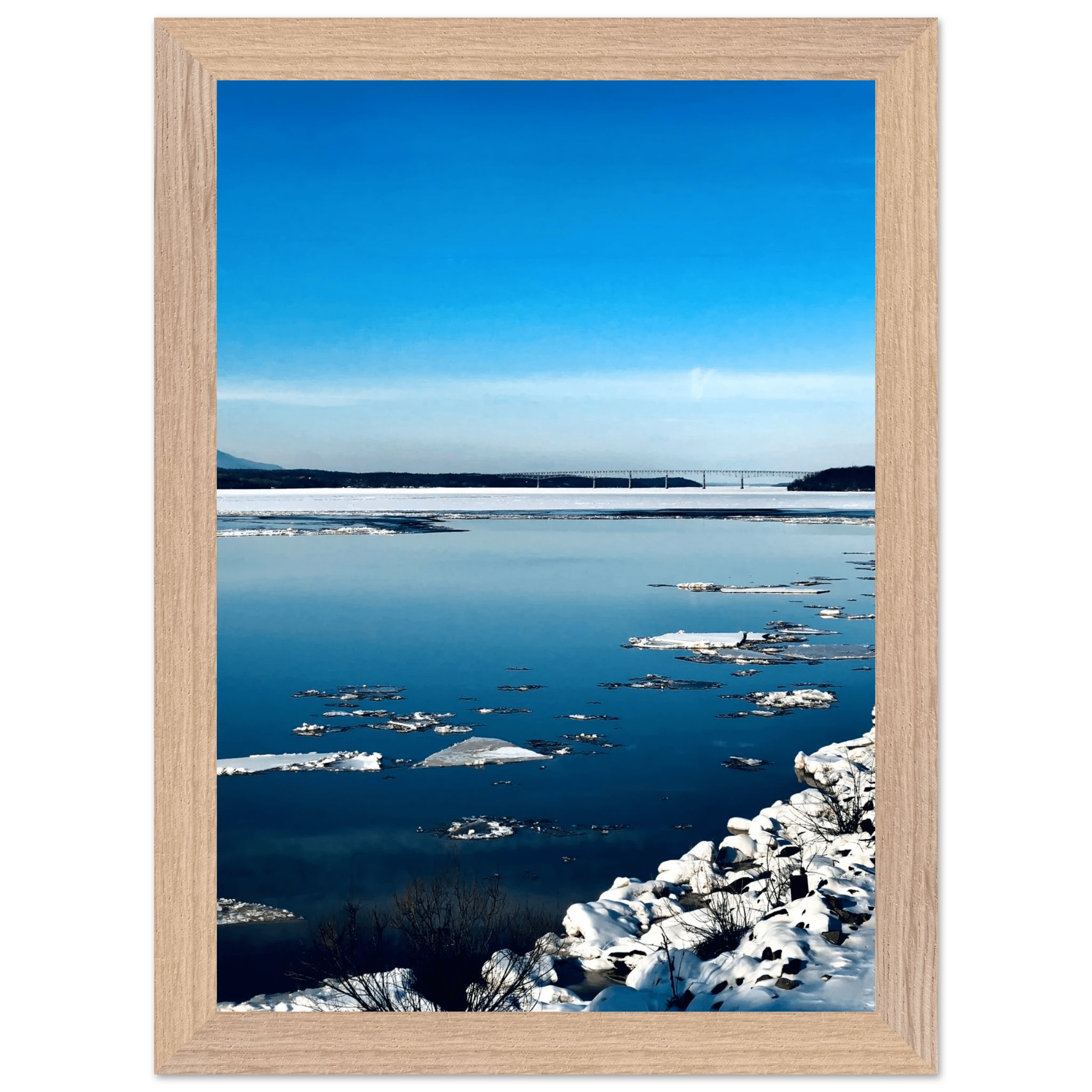 Wooden framed Hudson Valley winter poster with snowy scenery, part of the Travel Collection Studio Edition, holiday-themed print.