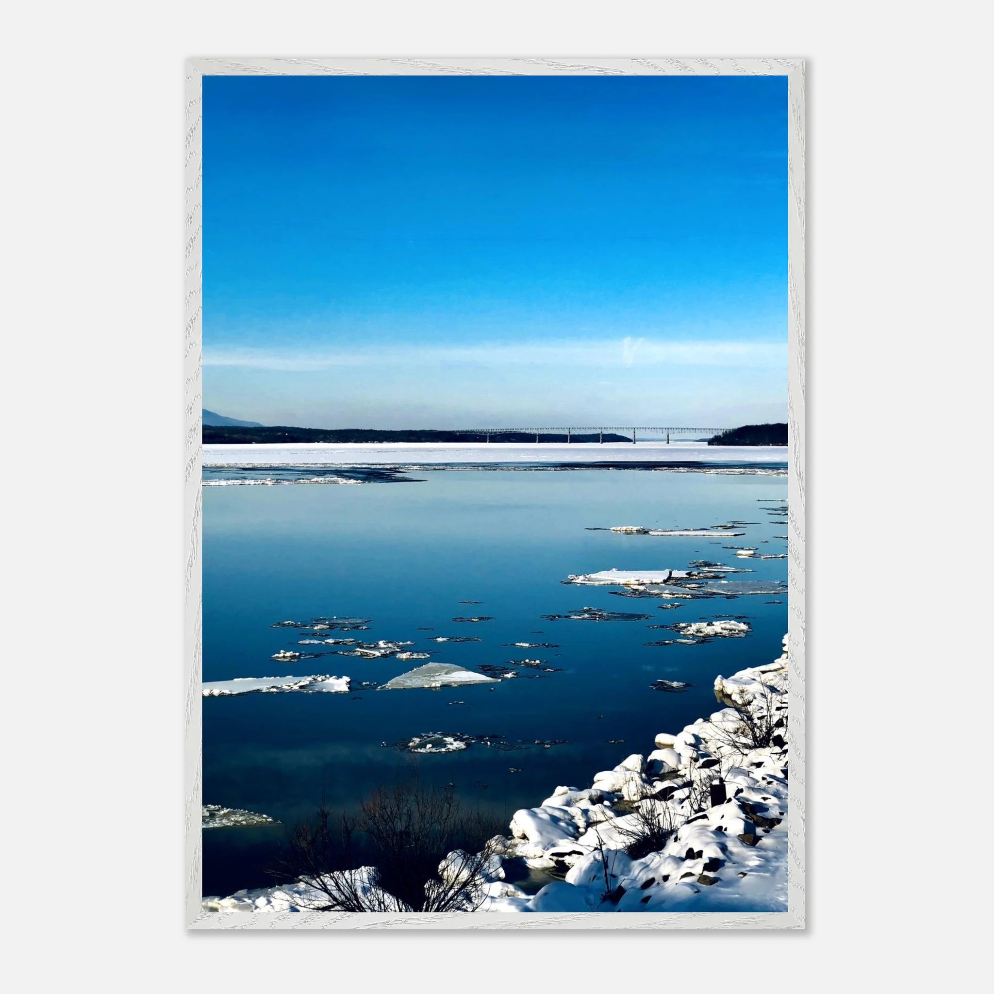 Wooden framed Hudson Valley winter poster with snowy landscape, part of the Travel Collection Studio Edition, holiday-themed print.