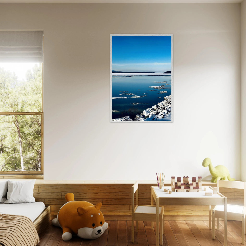 Wooden framed Hudson Valley winter poster with snowy scene, part of the Studio Edition Travel Collection, holiday-themed wall art.