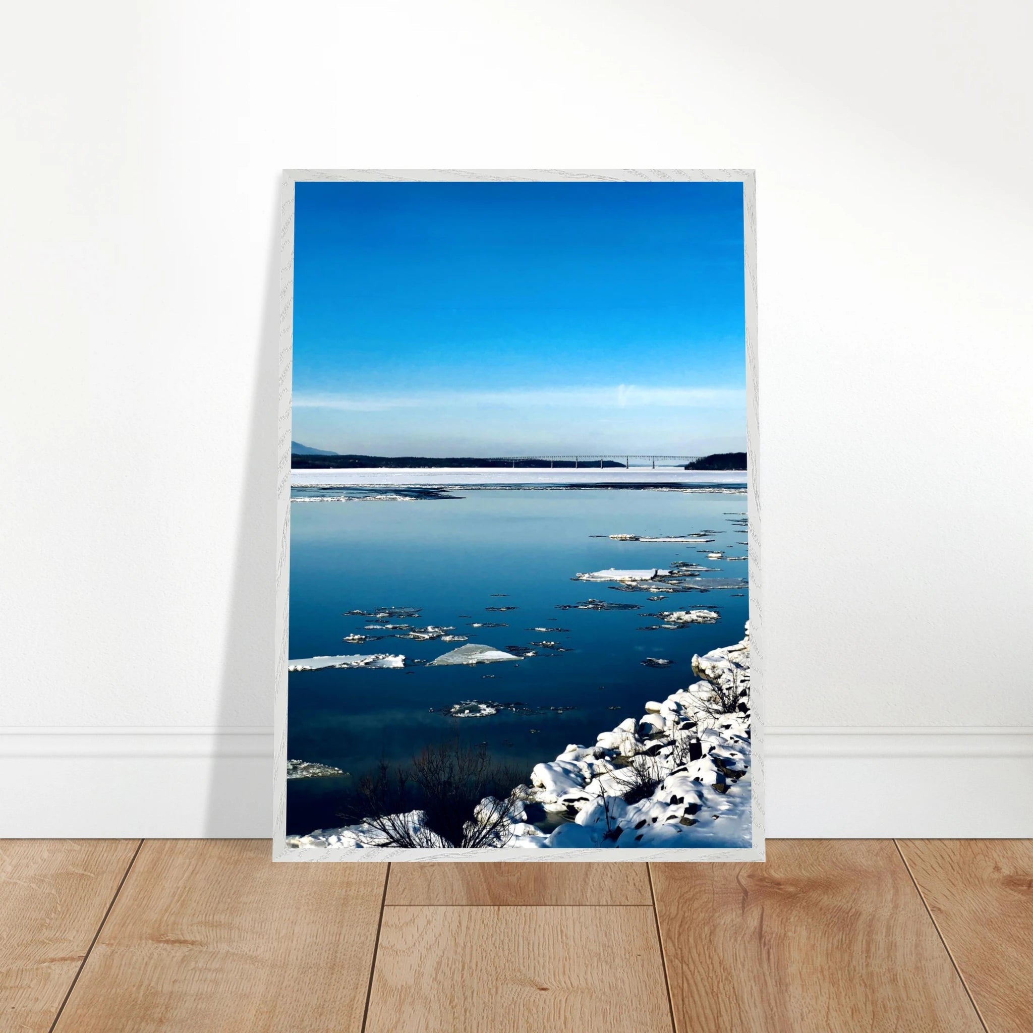 Wooden framed Hudson Valley winter poster with snowy landscape, part of the Travel Collection Studio Edition.