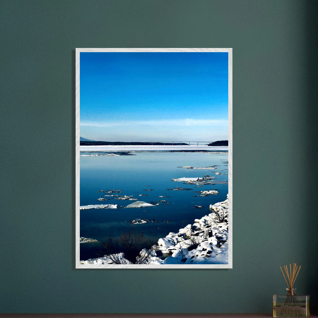 Wooden framed Hudson Valley winter poster with snowy landscape, part of the Travel Collection studio edition.
