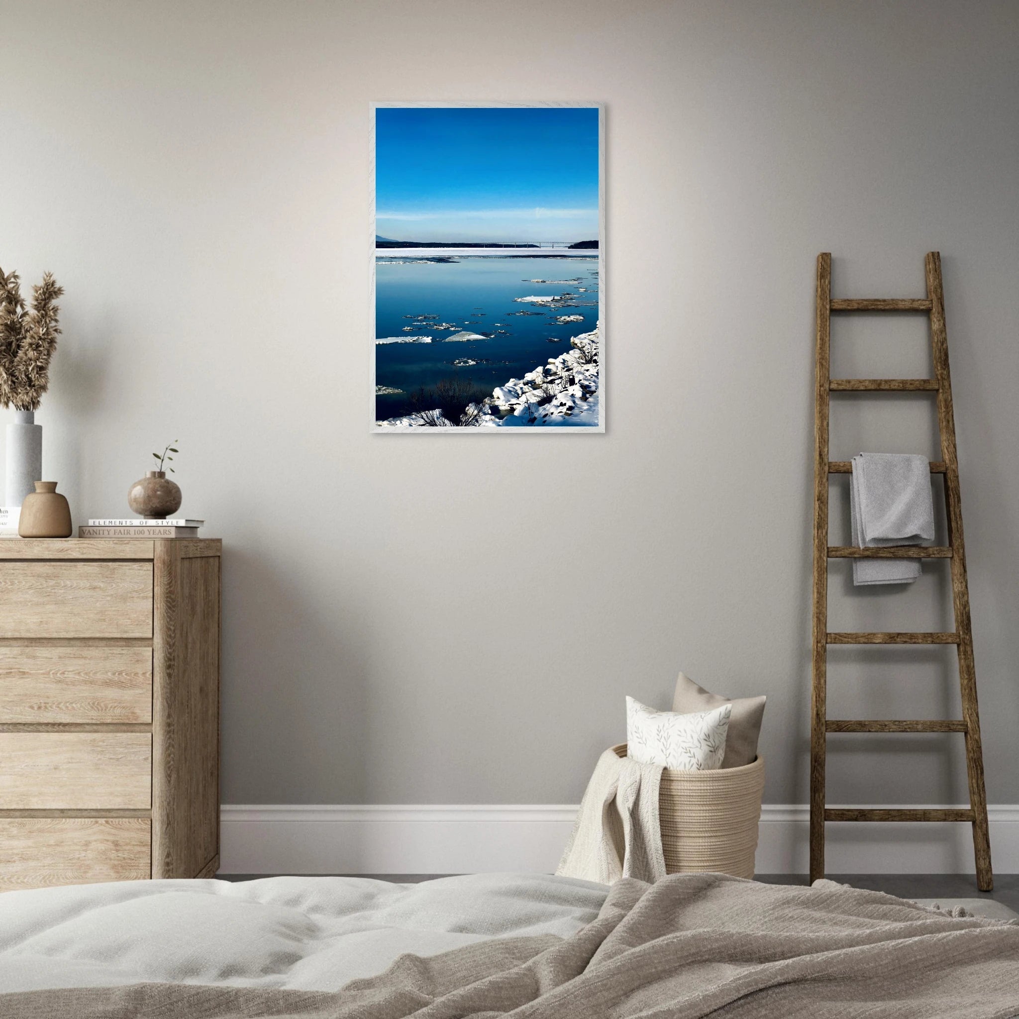 Wooden framed Hudson Valley winter poster with snowy scenery, part of the Studio Edition Travel Collection, holiday-themed print.