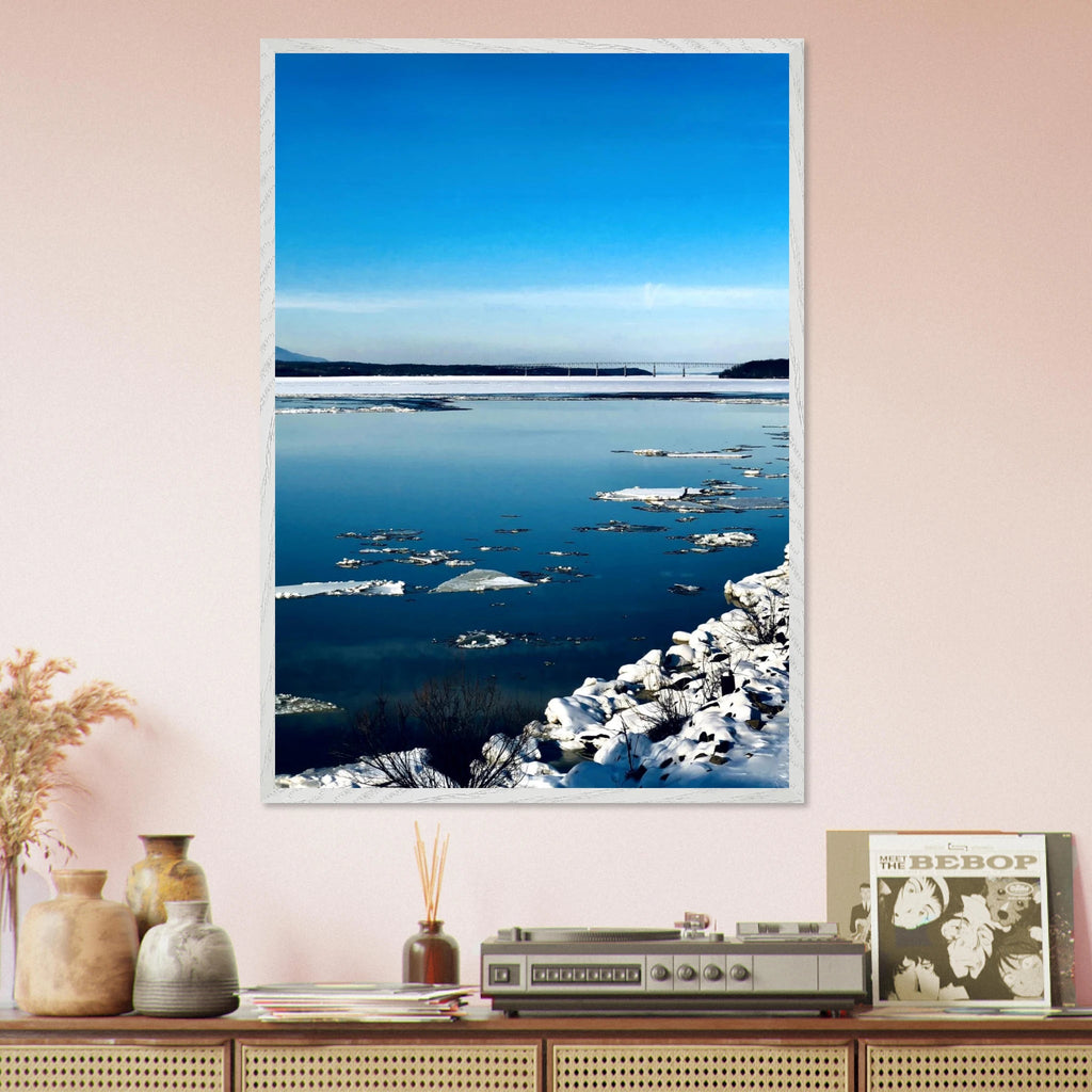 Wooden framed Hudson Valley winter poster with snowy landscape, part of the Travel Collection Studio Edition, holiday-themed print.