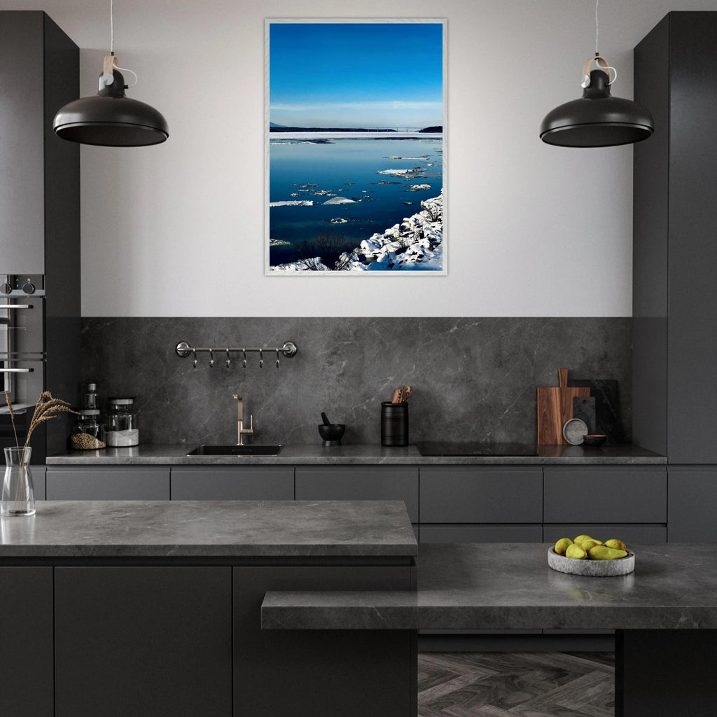 Wooden framed Hudson Valley winter poster featuring snowy landscape, part of the Studio Edition Travel Collection.