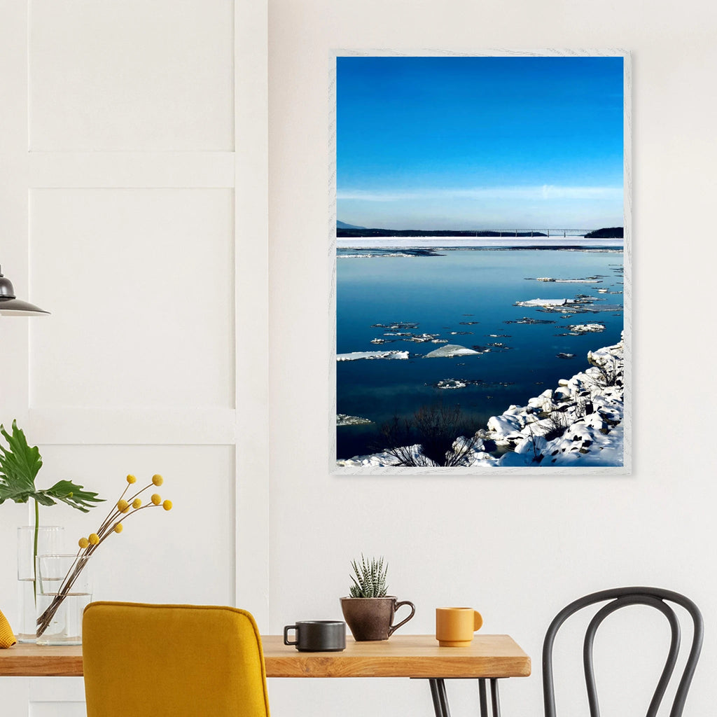 Wooden framed Hudson Valley winter poster with snowy landscape, part of Studio Edition Travel Collection, highlighting winter scenery.