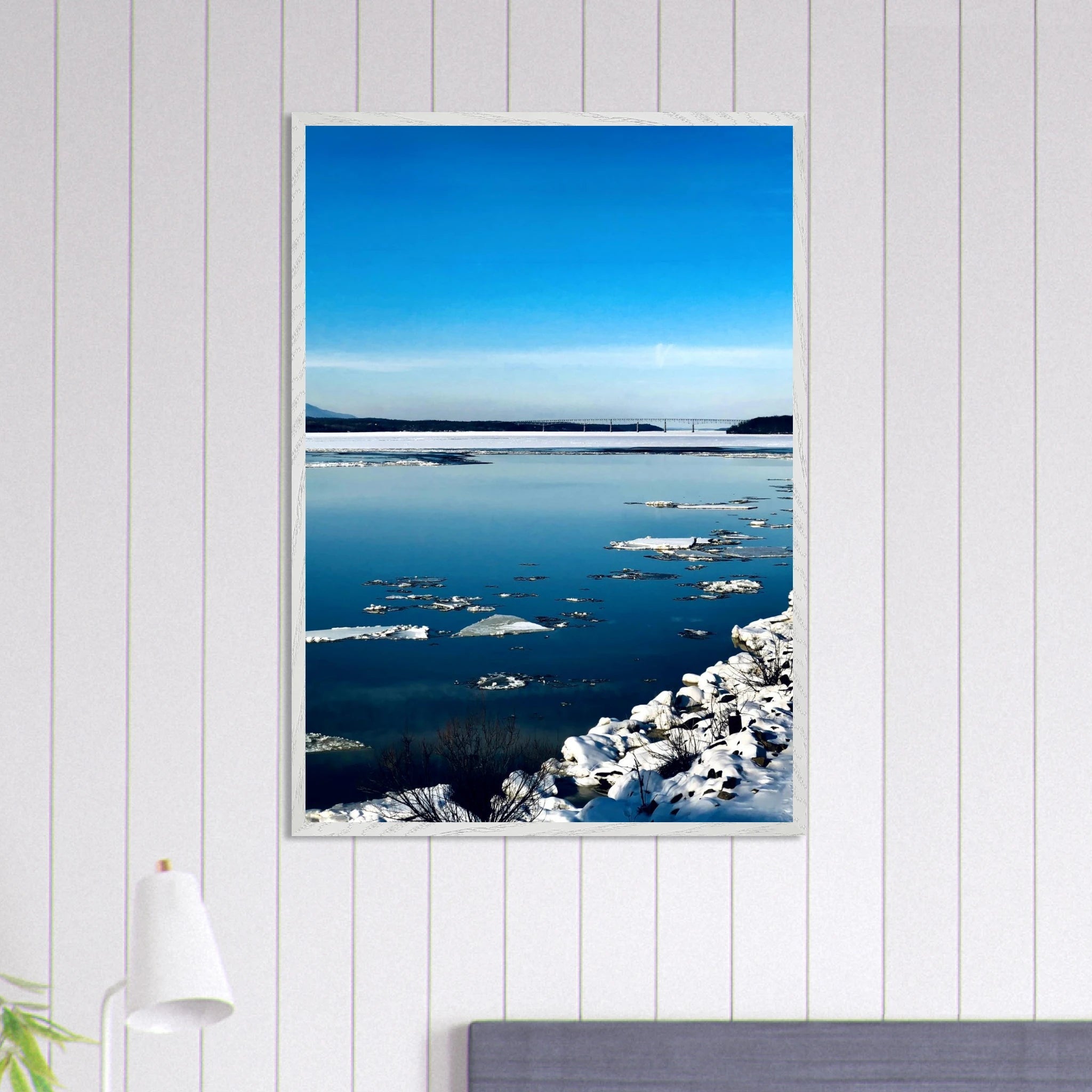 Premium wooden framed Hudson Valley winter poster featuring snowy landscape, part of the Studio Edition Travel Collection.
